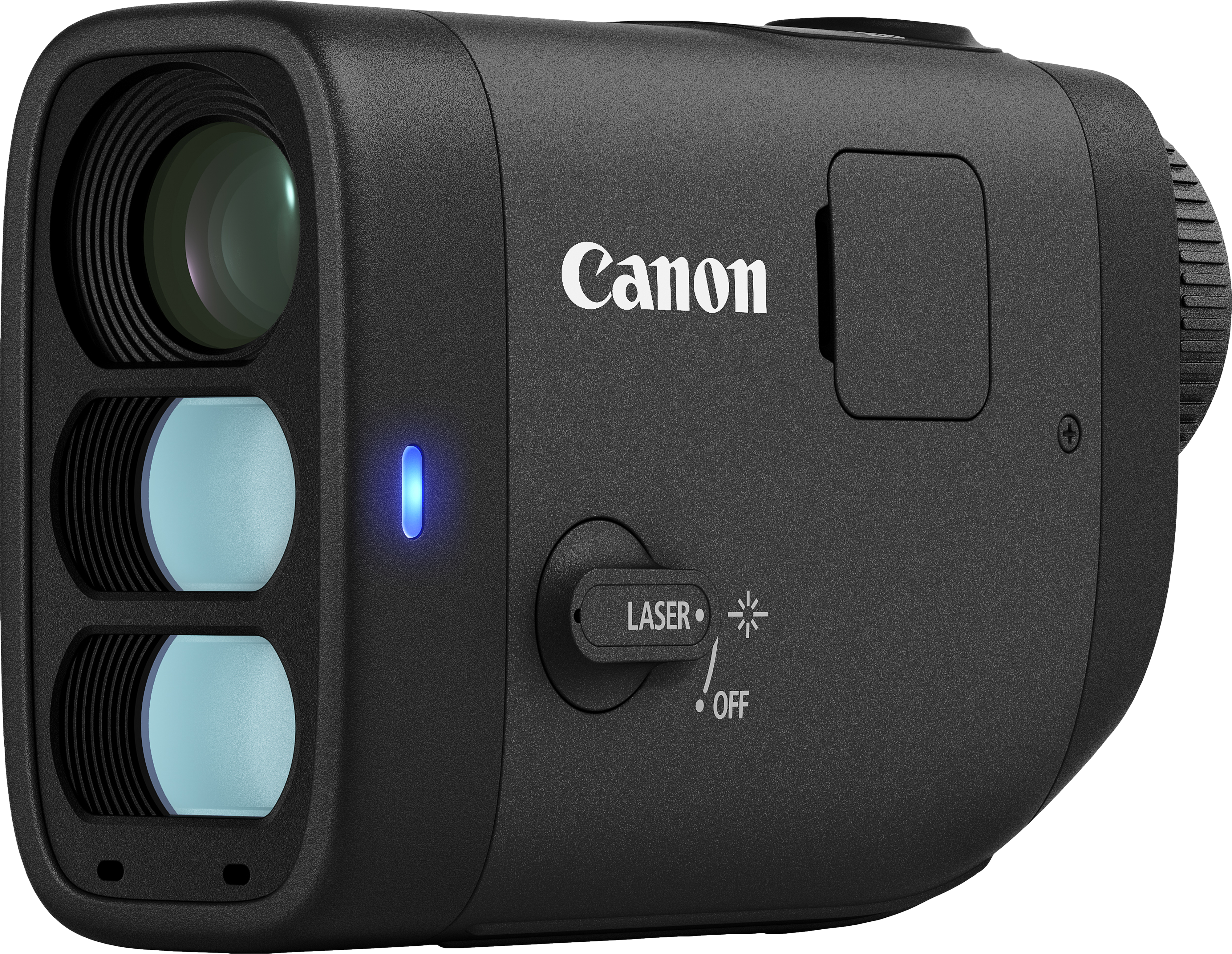 Télémètre laser Canon noir. Comprend une lentille, deux fenêtres inférieures et un interrupteur marche/arrêt.