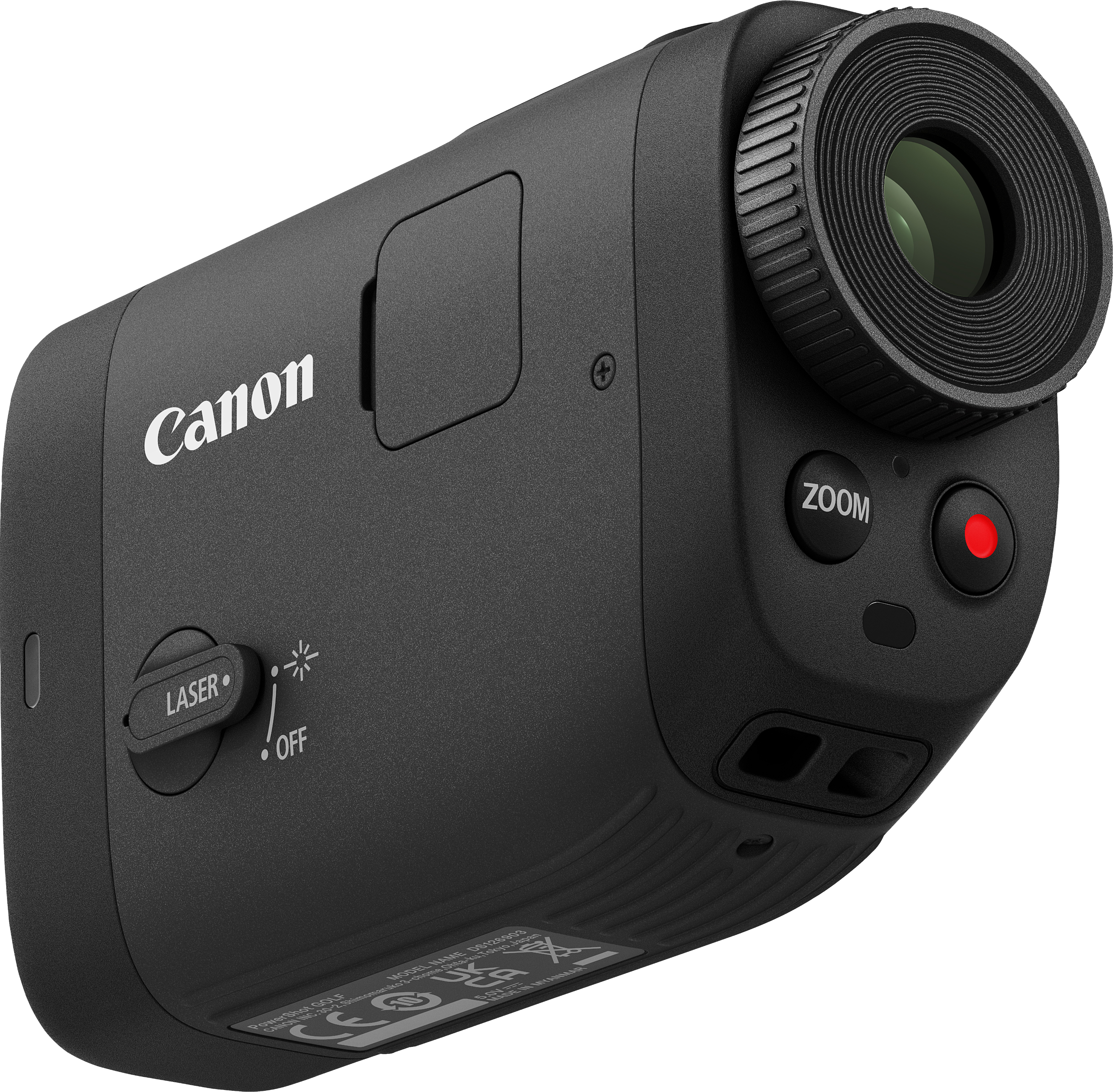 Un appareil photo Canon noir avec un objectif, des boutons de zoom et d'enregistrement. Il a un laser et un interrupteur.