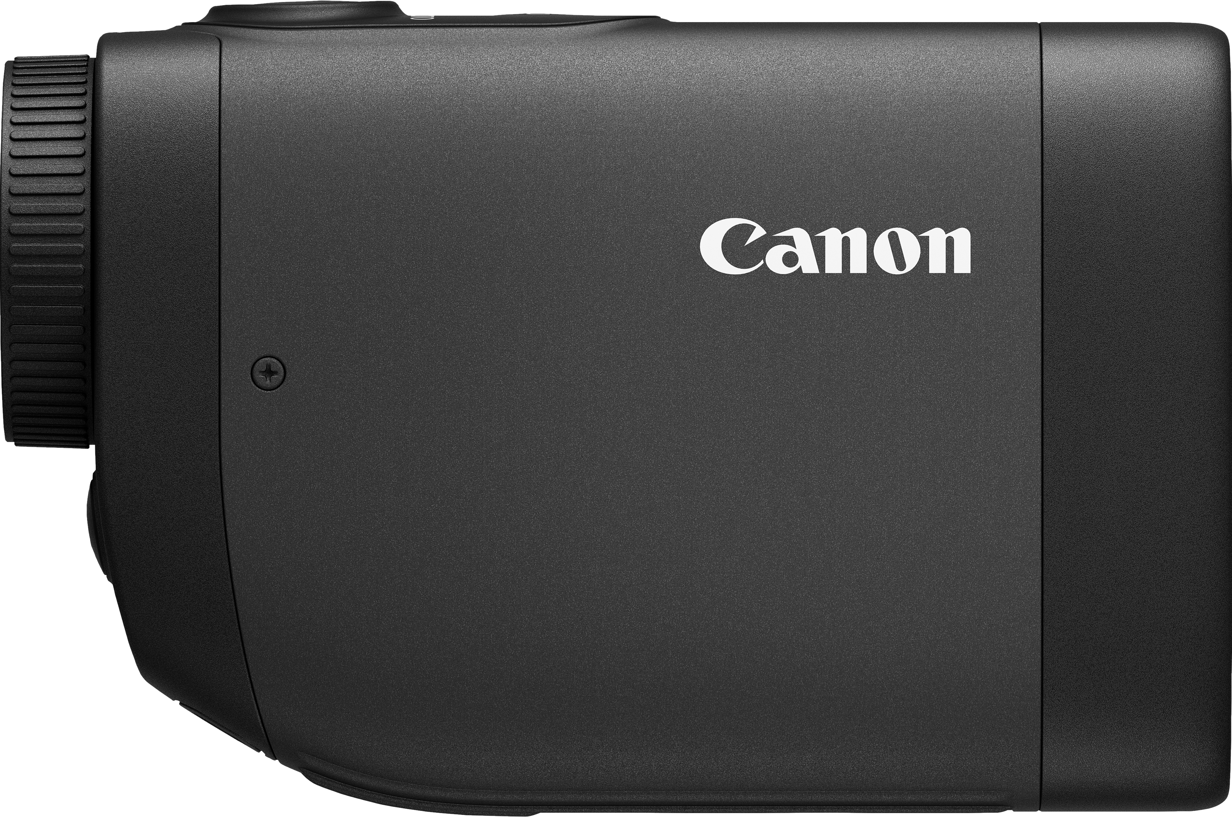 Un appareil Canon noir avec le nom de la marque en blanc, vu de côté. La surface est texturée.