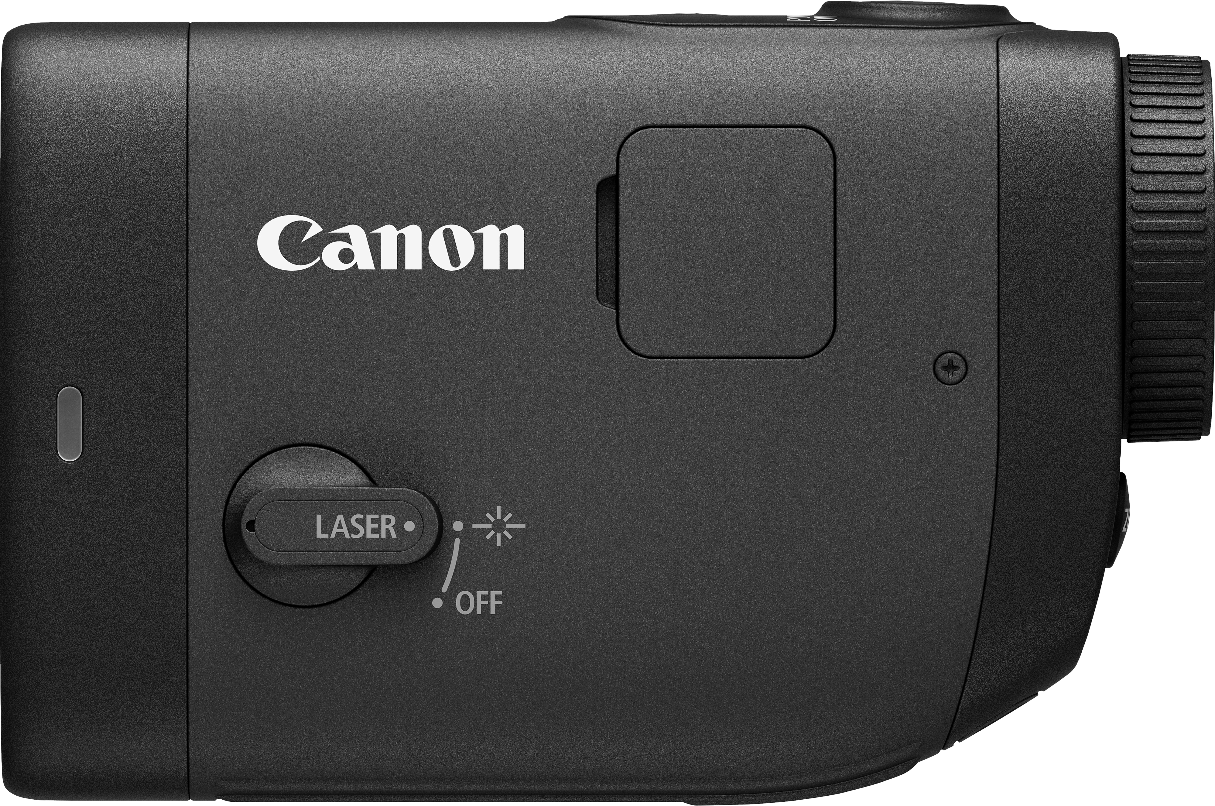 Projecteur Canon noir. Comprend un interrupteur laser, une lentille et un couvercle. Le logo Canon est visible.