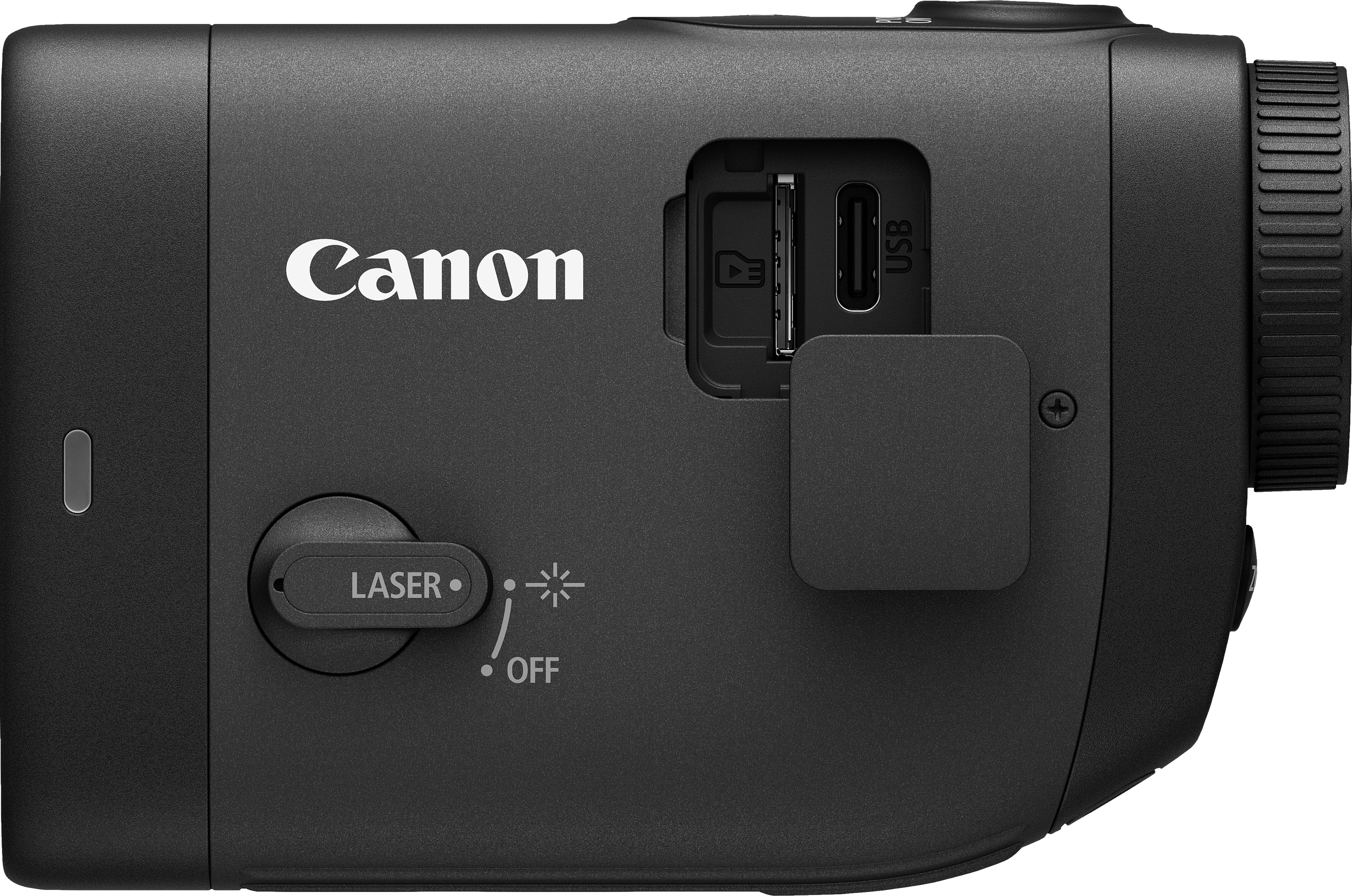 Appareil Canon noir. Comprend des ports laser et USB. Possède un objectif et un bouton. Le logo Canon est visible.