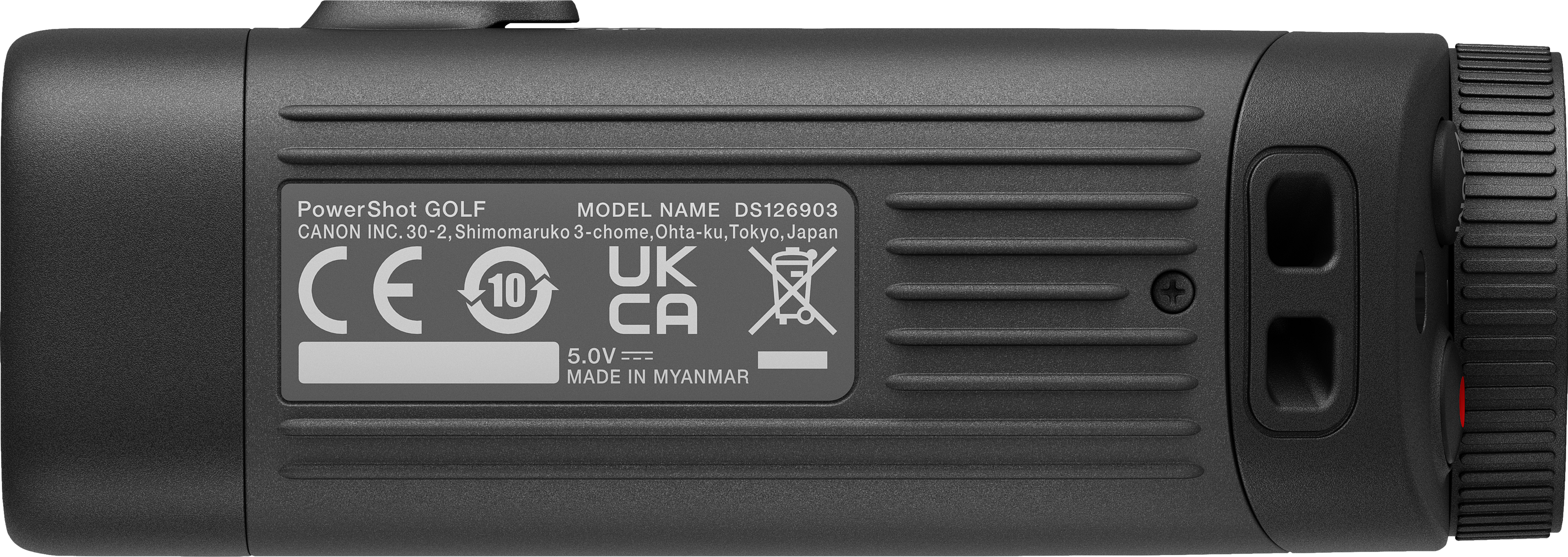 Appareil de golf Canon Powershot noir avec étiquettes. Comprend le nom du modèle DS126903, les marquages CE, UKCA et Made in Myanmar.