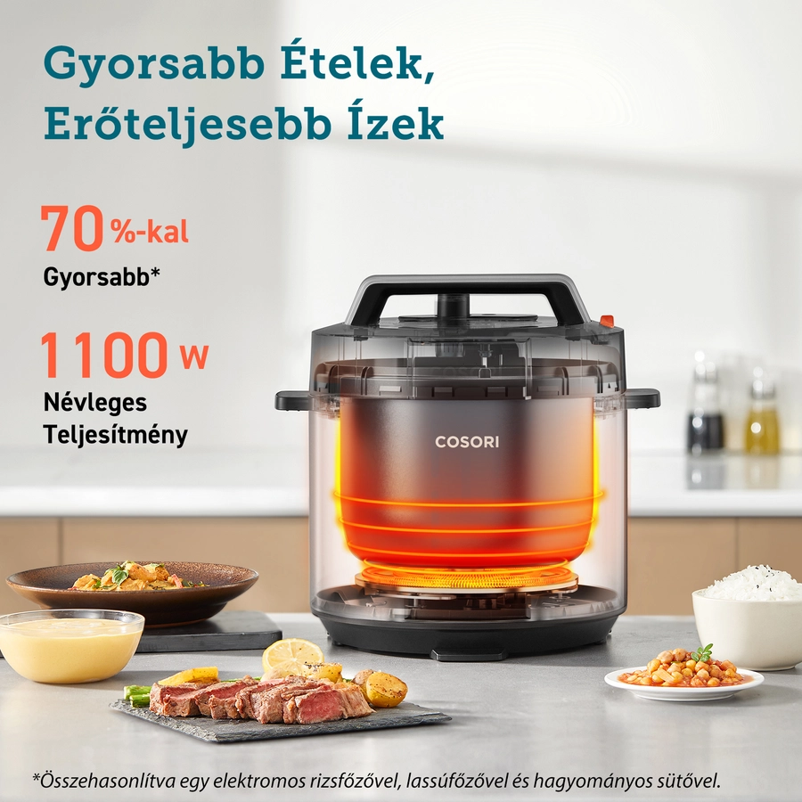 Egy fekete Cosori légkeveréses sütő a pulton, a méreteit mutatva. Fehér márványfal a háttérben.