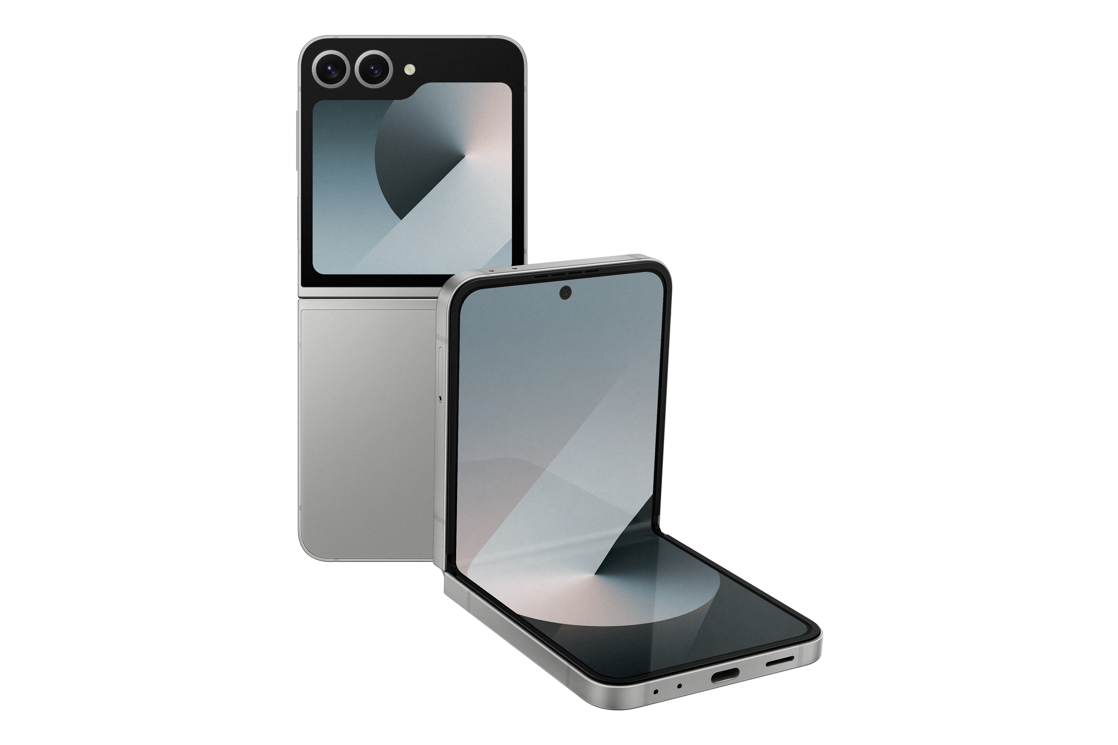 Silbernes faltbares Telefon, offen und geschlossen, auf schwarzem Grund.