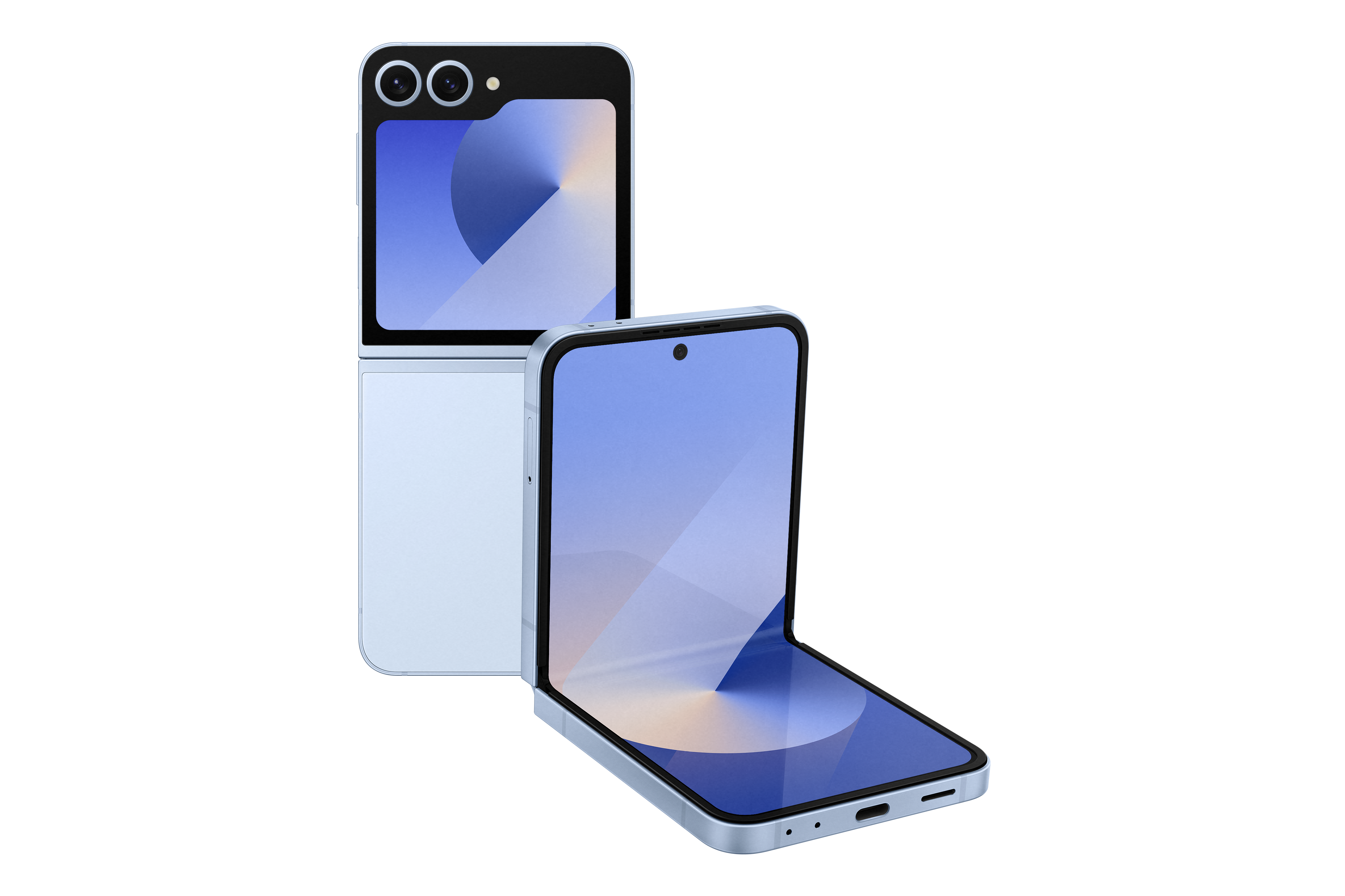 Zwei hellblaue Samsung Galaxy Z Flip-Telefone, eines offen, eines geschlossen, auf schwarzem Hintergrund.