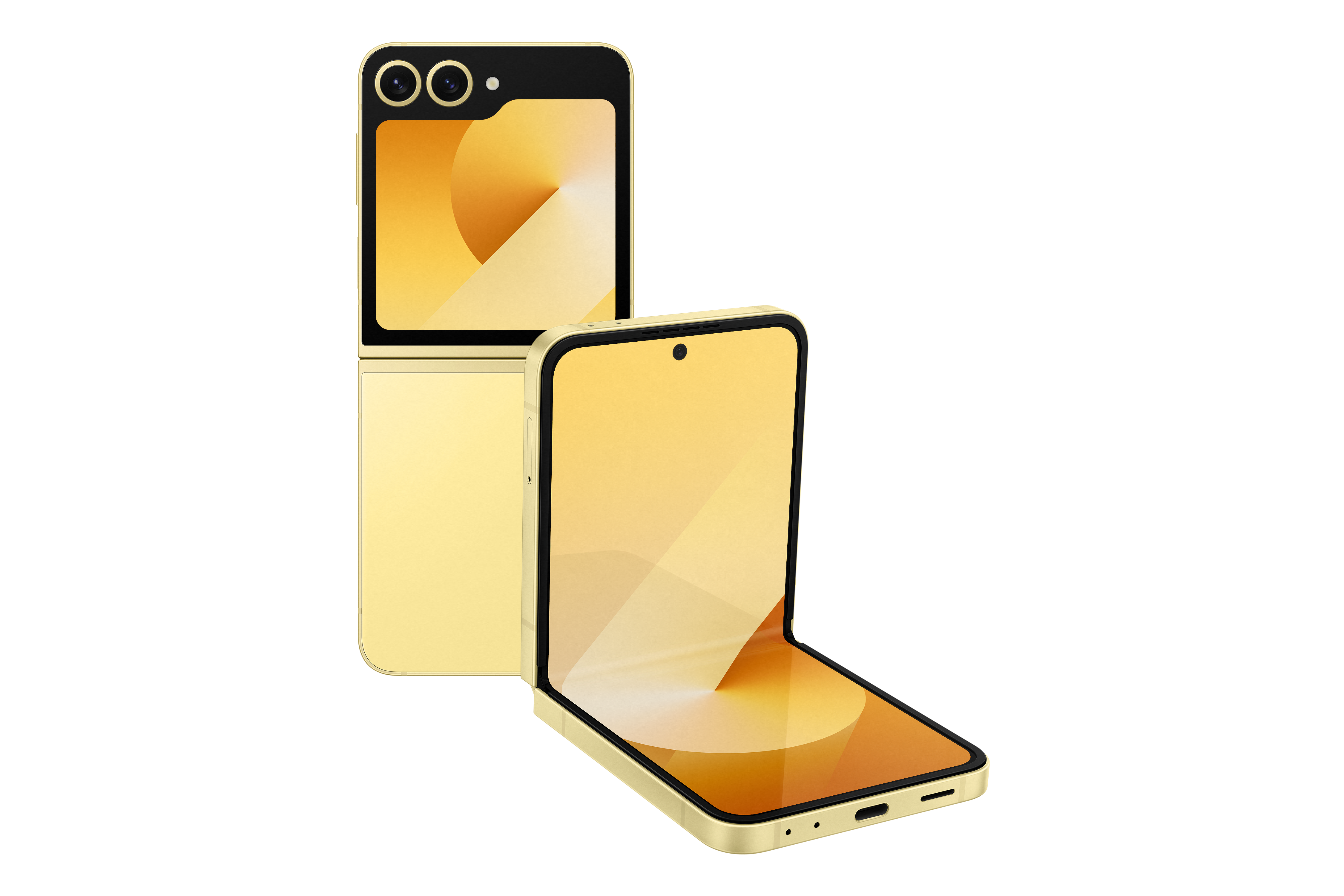 Zwei goldene faltbare Smartphones, eines geöffnet und das andere zusammengeklappt. Schwarzer Hintergrund.