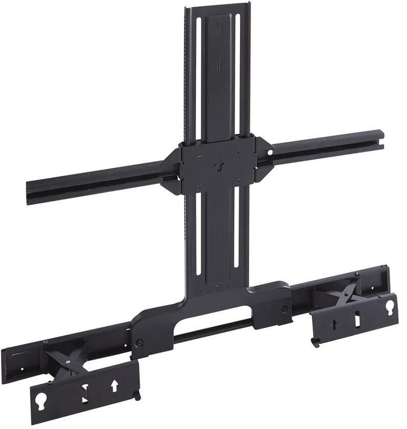 Support TV noir. Le support a un poteau vertical et des bras horizontaux. Il est sur fond blanc.