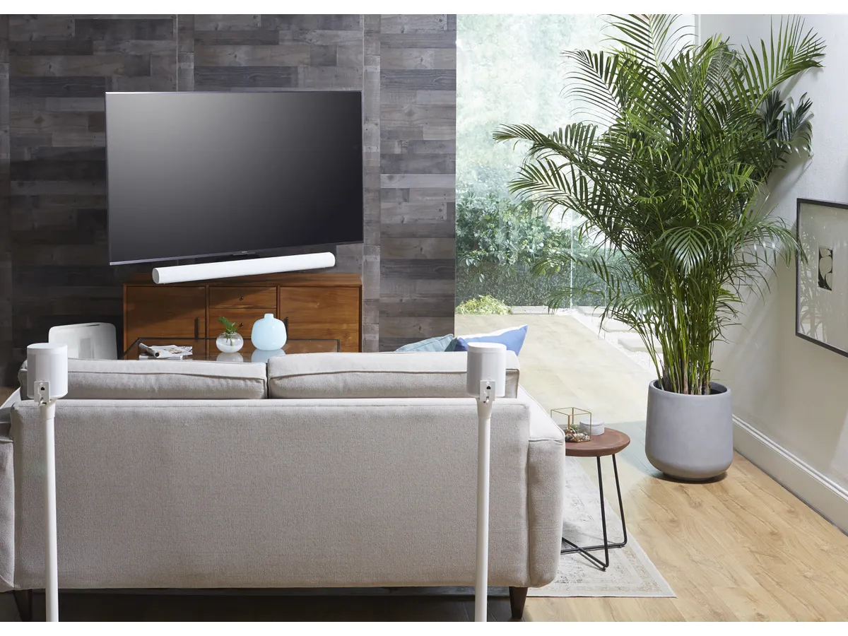 Un salon avec une TV, une commode en bois, un canapé et deux enceintes. Une grande plante en arrière-plan.