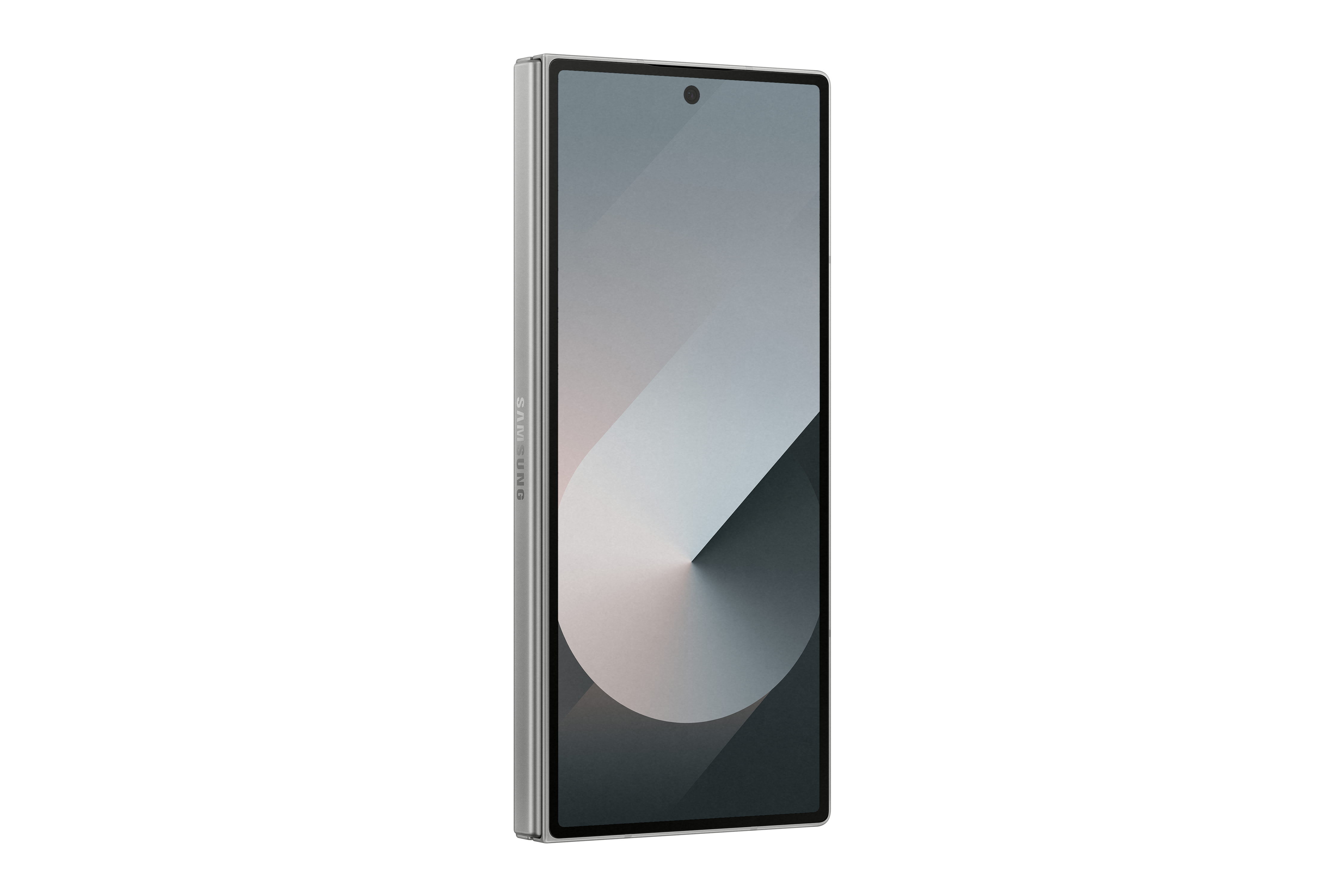 Ein gefaltetes silbernes Telefon vor schwarzem Hintergrund. Der Bildschirm ist an.