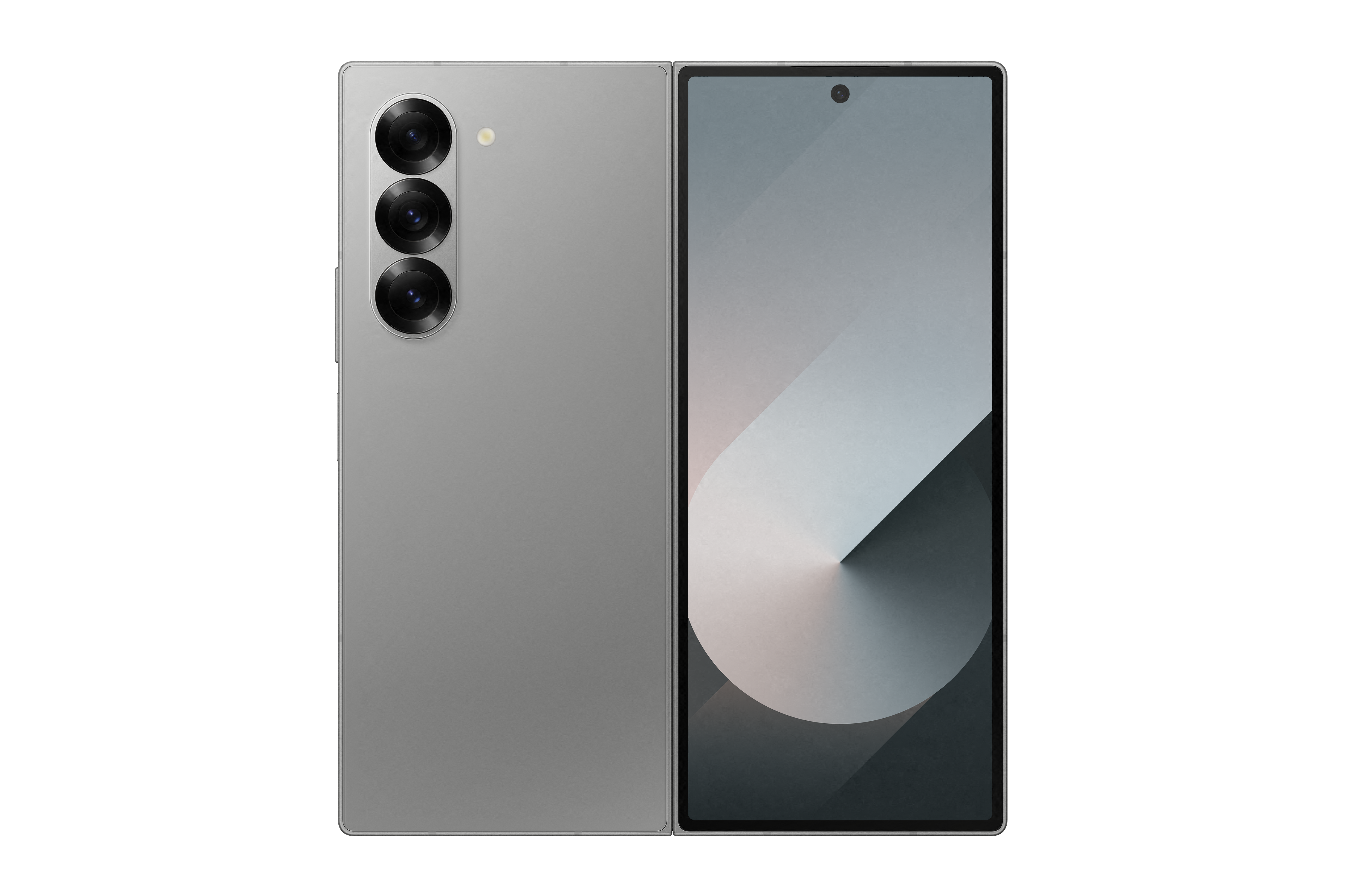 Ein graues faltbares Smartphone, geschlossen, mit drei Kameras auf der Rückseite.