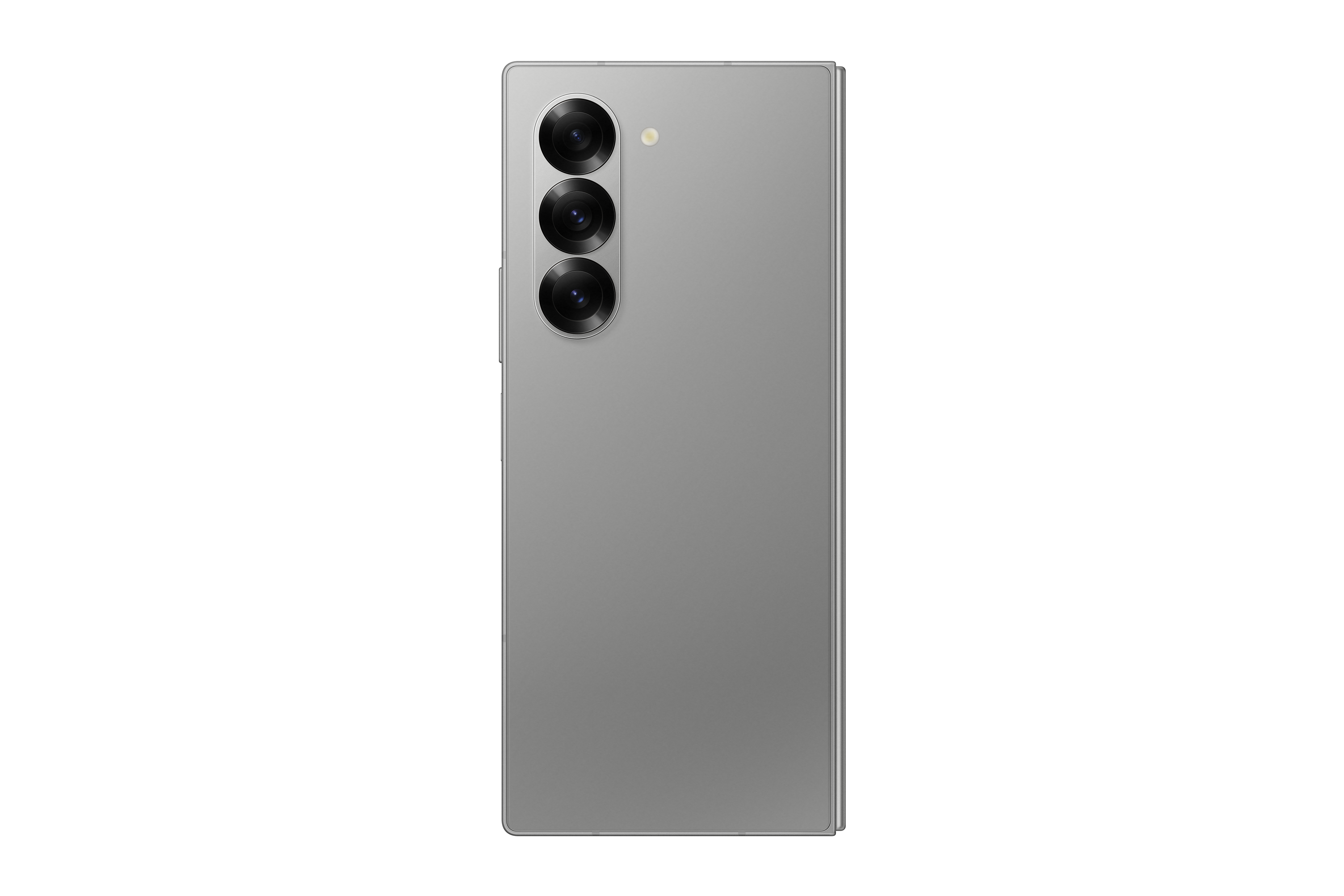 Die Rückseite eines grauen Smartphones, mit drei vertikal angeordneten Kameras.