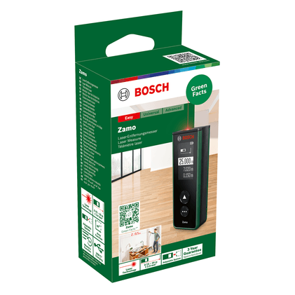 Bosch lézeres távolságmérő a dobozban. Zöld-fekete dizájn. A termék és a logó látható.