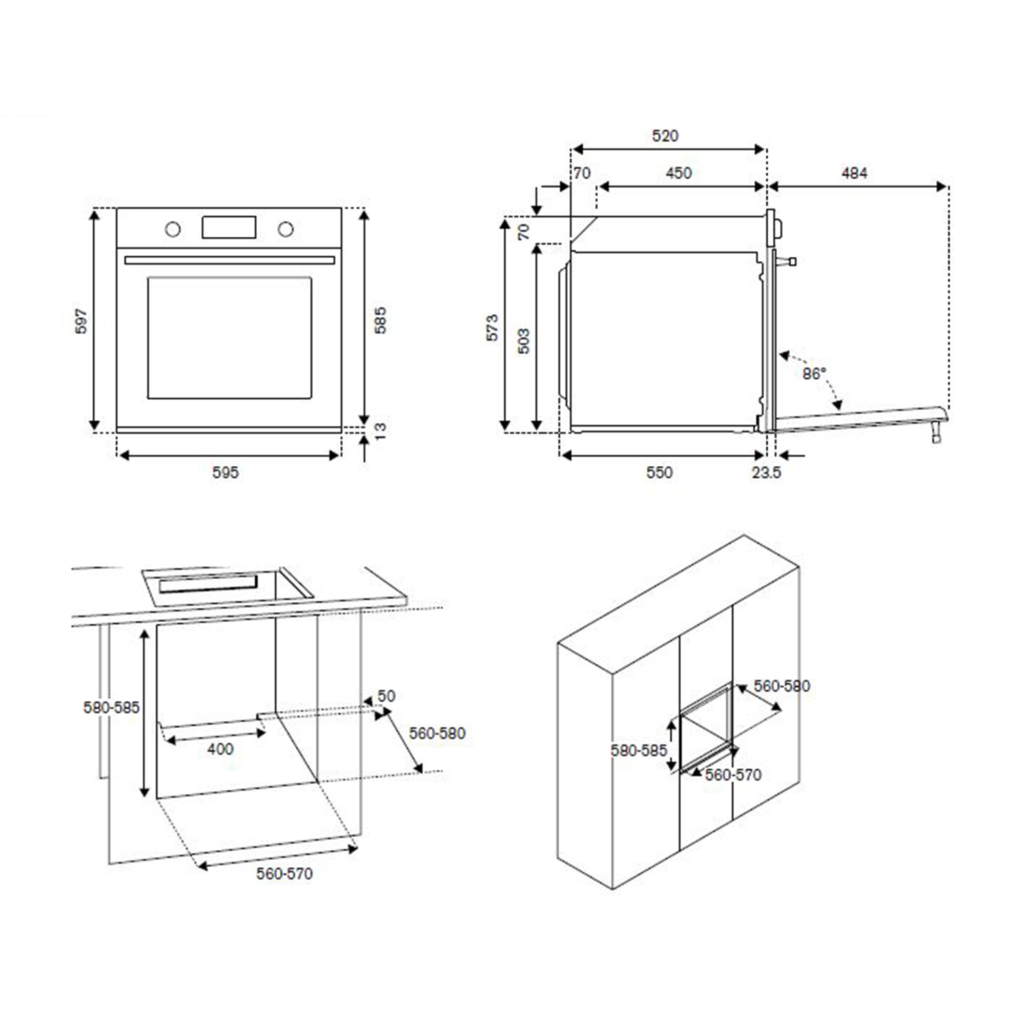 Disegno tecnico di un forno, con dimensioni in mm.