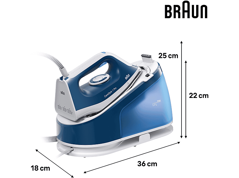 BRAUN CareStyle 1 Pro IS 1512 BL, Dampfstoß 380 g/min, FreeGlide 3D, SuperCeramic Bügelsohle, DoubleSteam, leichtes Bügeln, vertikale Auffrischung, Dampfbügelstation 2200 Watt, 6 bar
