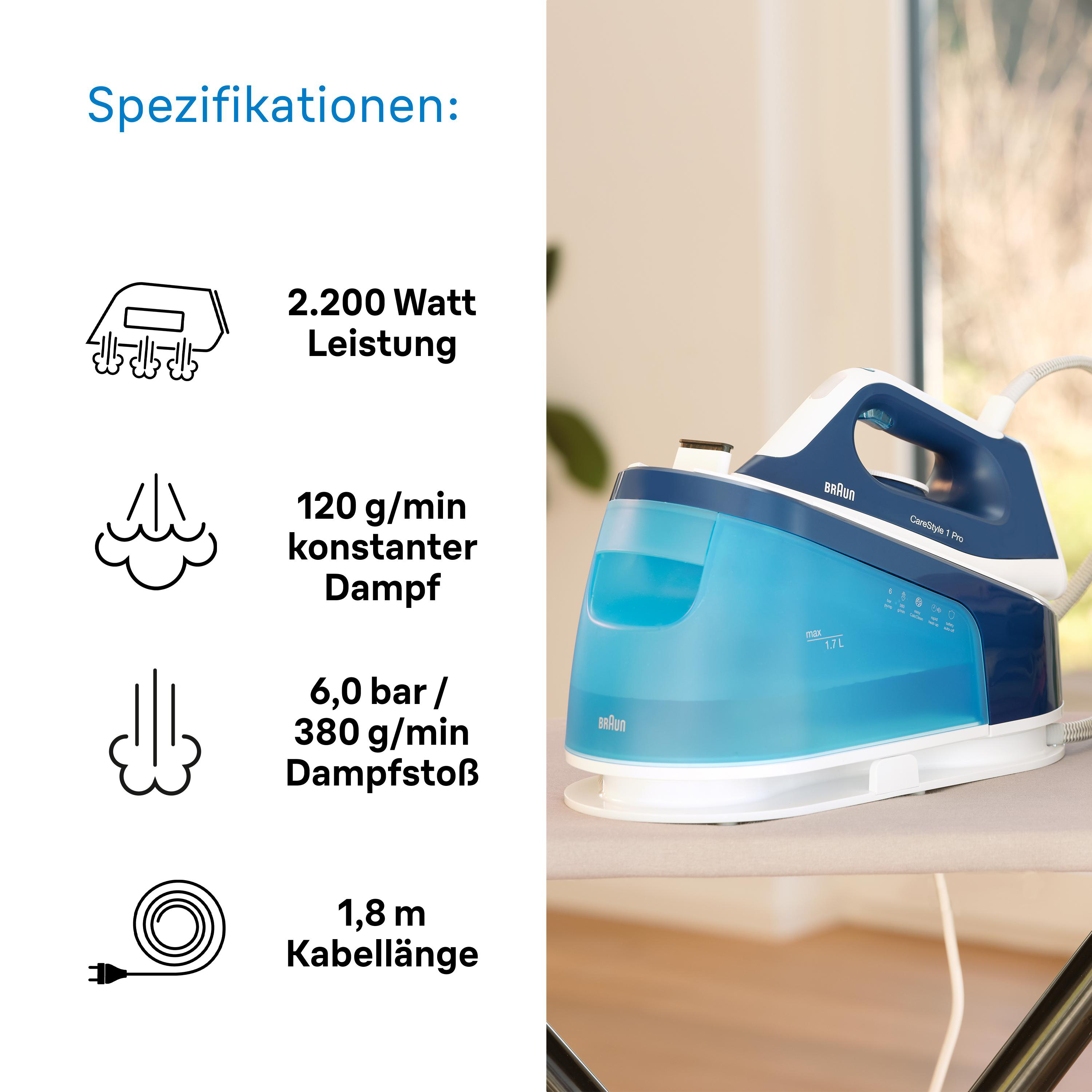 Ein Bügeleisen mit Spezifikationen: 2200W, 120g/min Dampf, 6,0 bar, 1,8m Kabel.