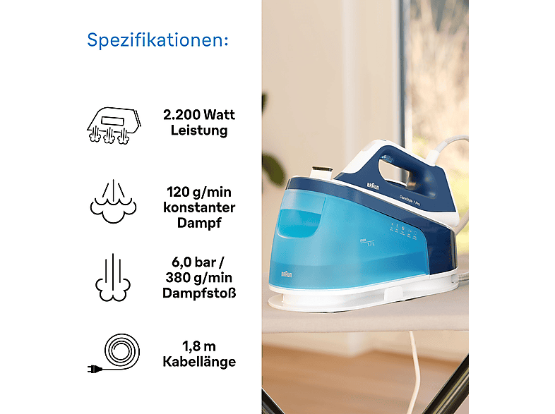 BRAUN CareStyle 1 Pro IS 1512 BL, Dampfstoß 380 g/min, FreeGlide 3D, SuperCeramic Bügelsohle, DoubleSteam, leichtes Bügeln, vertikale Auffrischung, Dampfbügelstation 2200 Watt, 6 bar