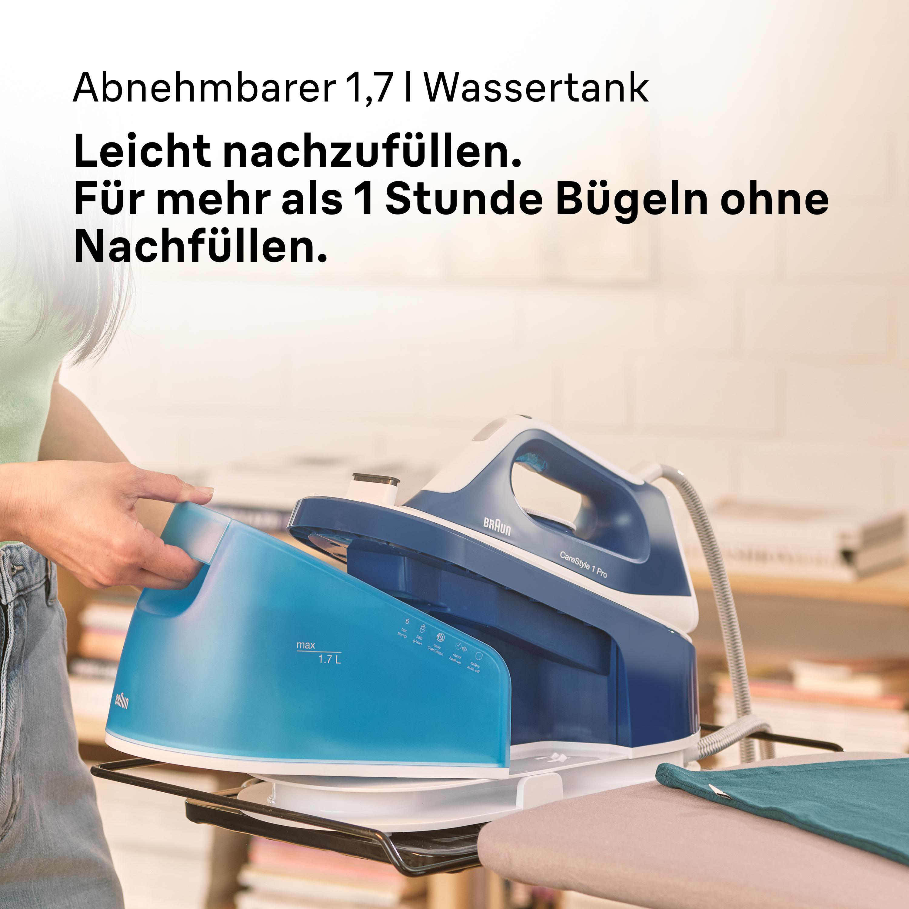 Eine Person, die den Wassertank eines blau-weißen Bügeleisens nachfüllt.