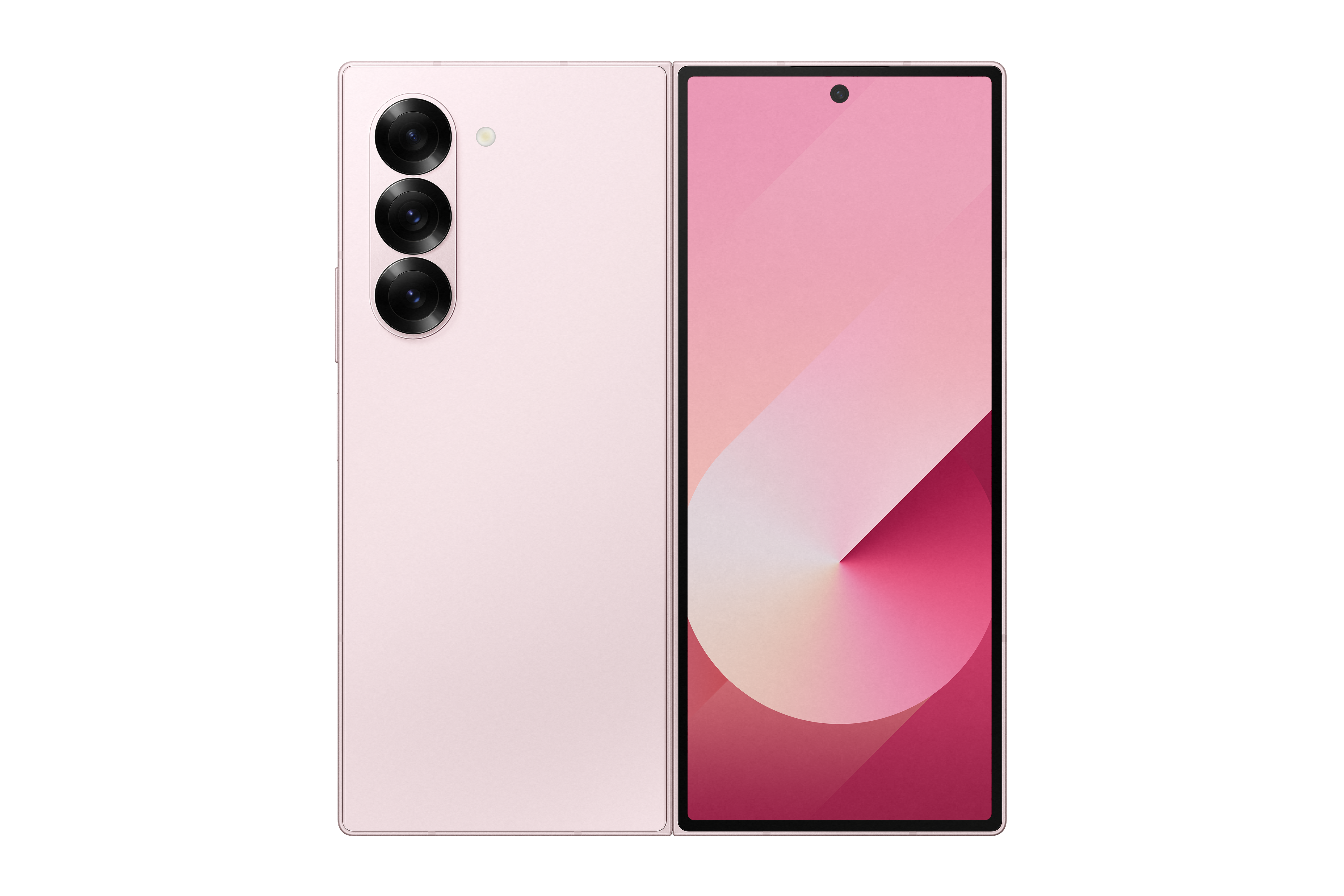 Faltbares pinkes Telefon, geöffnet auf schwarzem Hintergrund. Zeigt die Rückseite und Bildschirm.