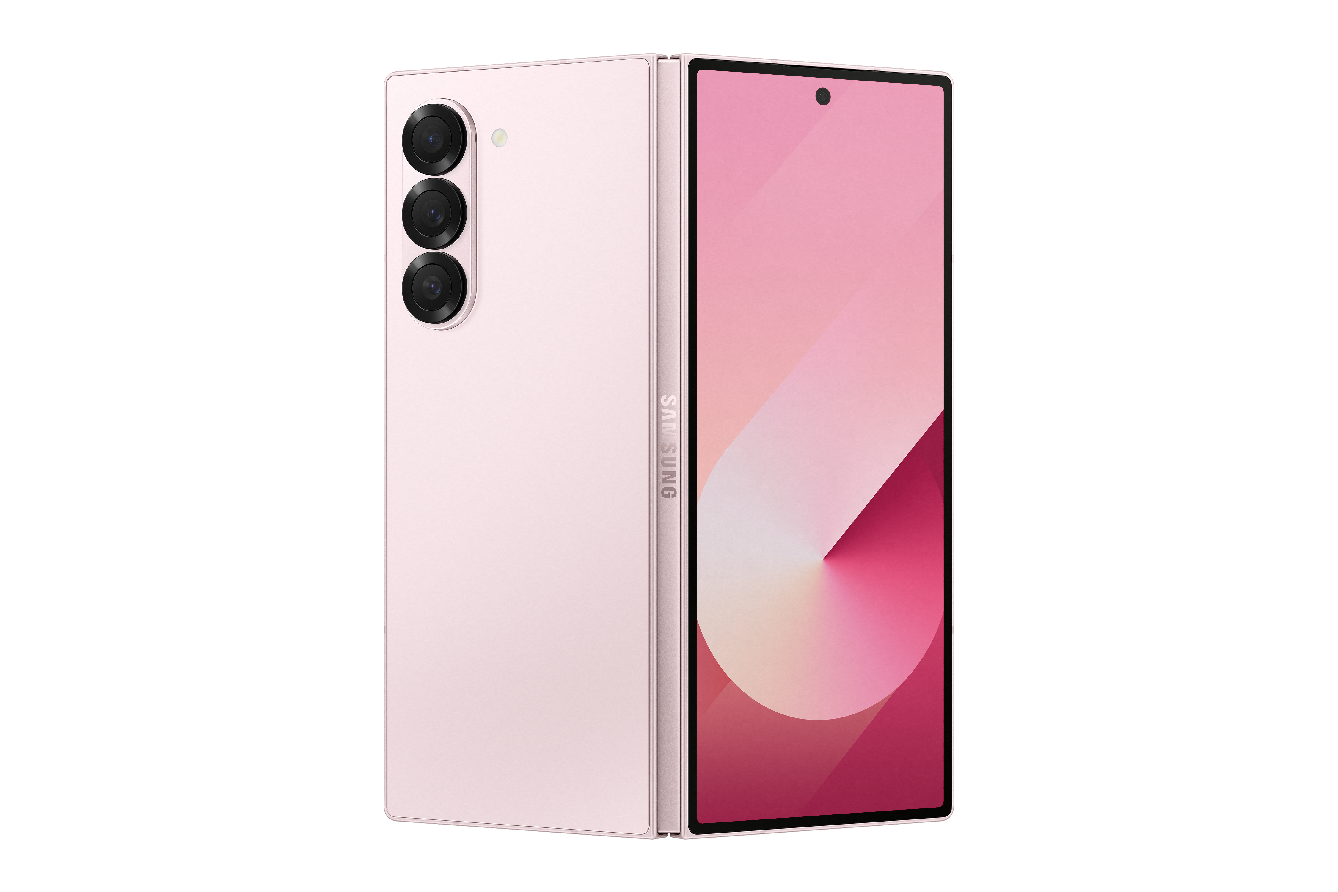 Pinkfarbenes Samsung Galaxy Z Fold-Telefon, gefaltet, mit schwarzem Hintergrund.