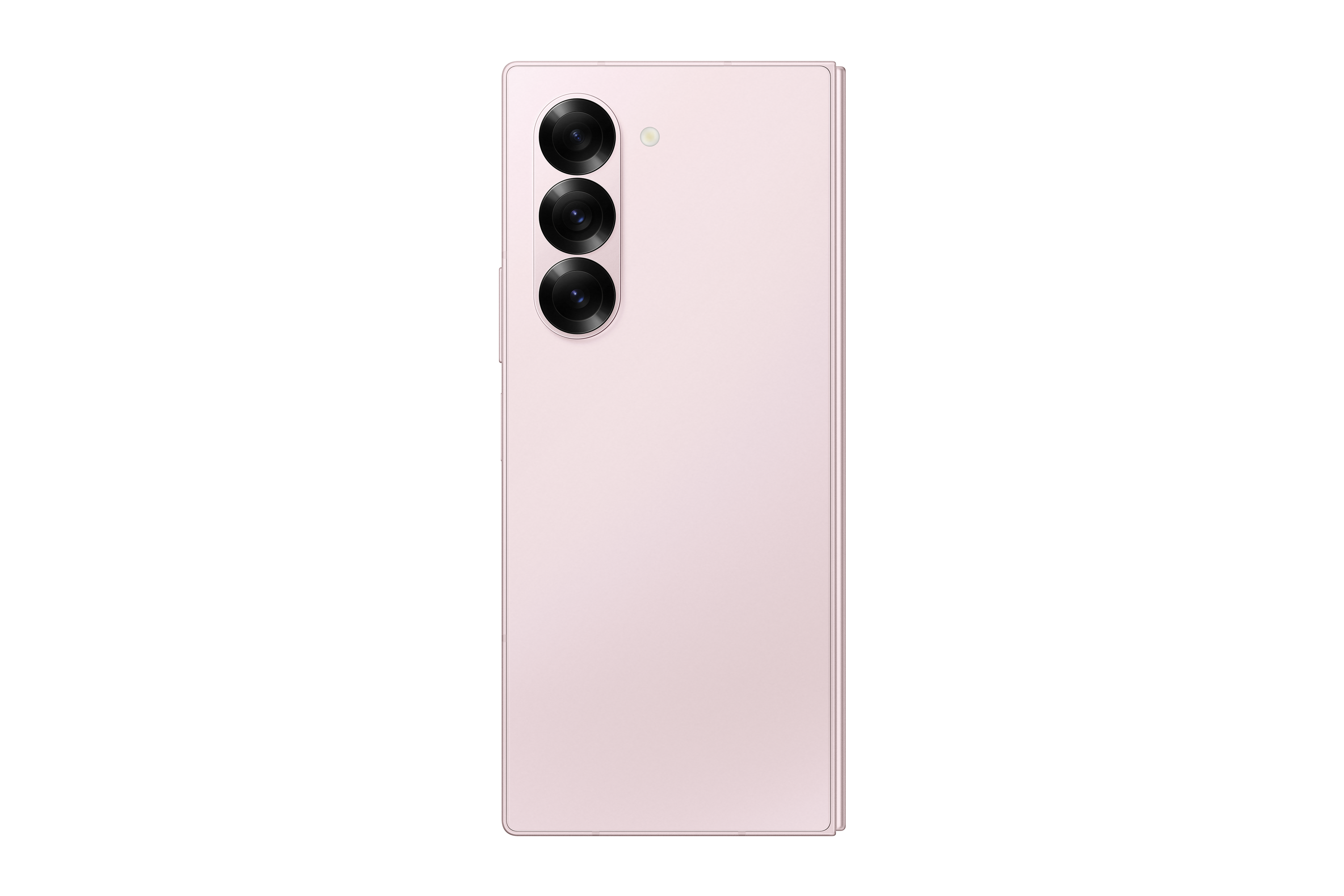 Die Rückseite eines pinkfarbenen Smartphones mit drei Kameras. Das Telefon ist auf schwarzem Hintergrund.