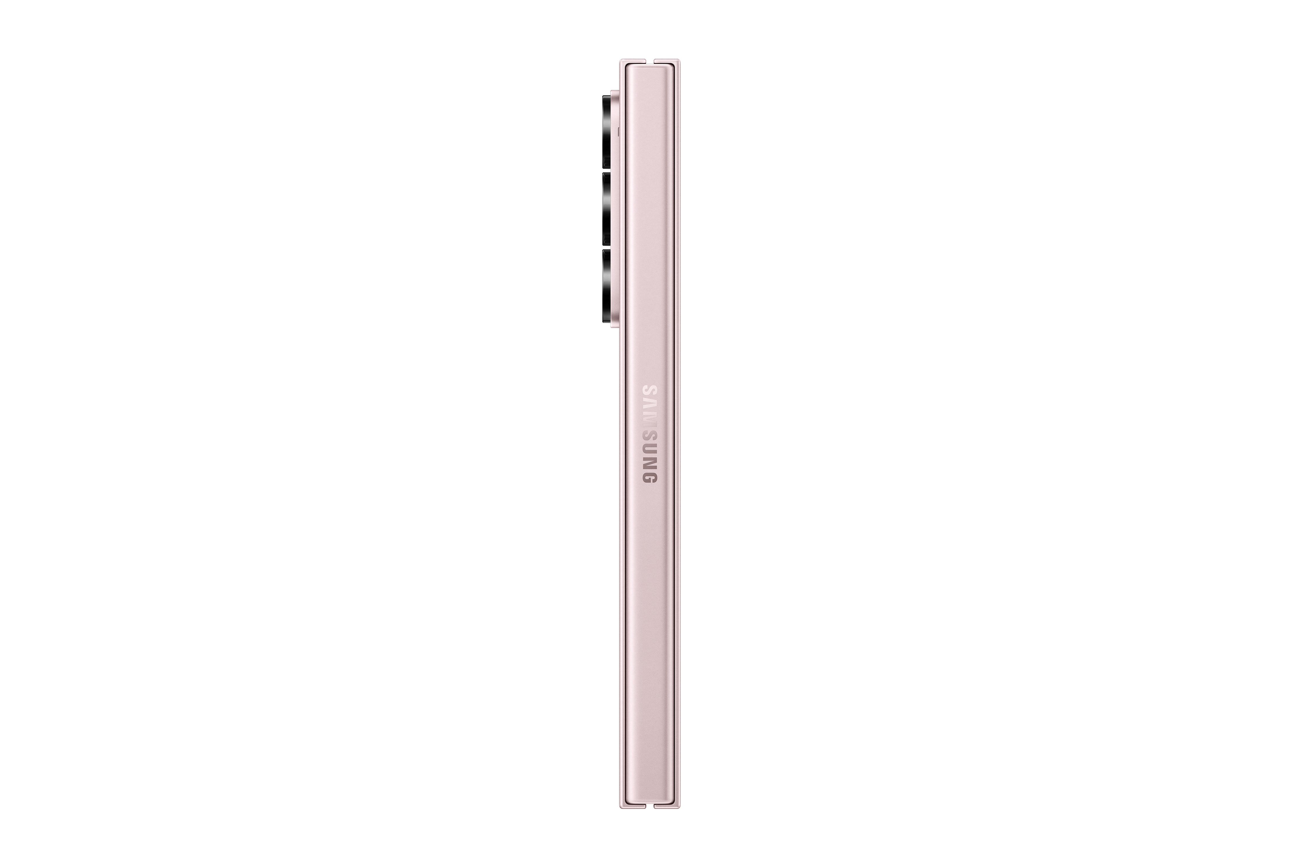 Seitenansicht eines roségoldenen Smartphones auf schwarzem Hintergrund, mit Kameraerhöhung.