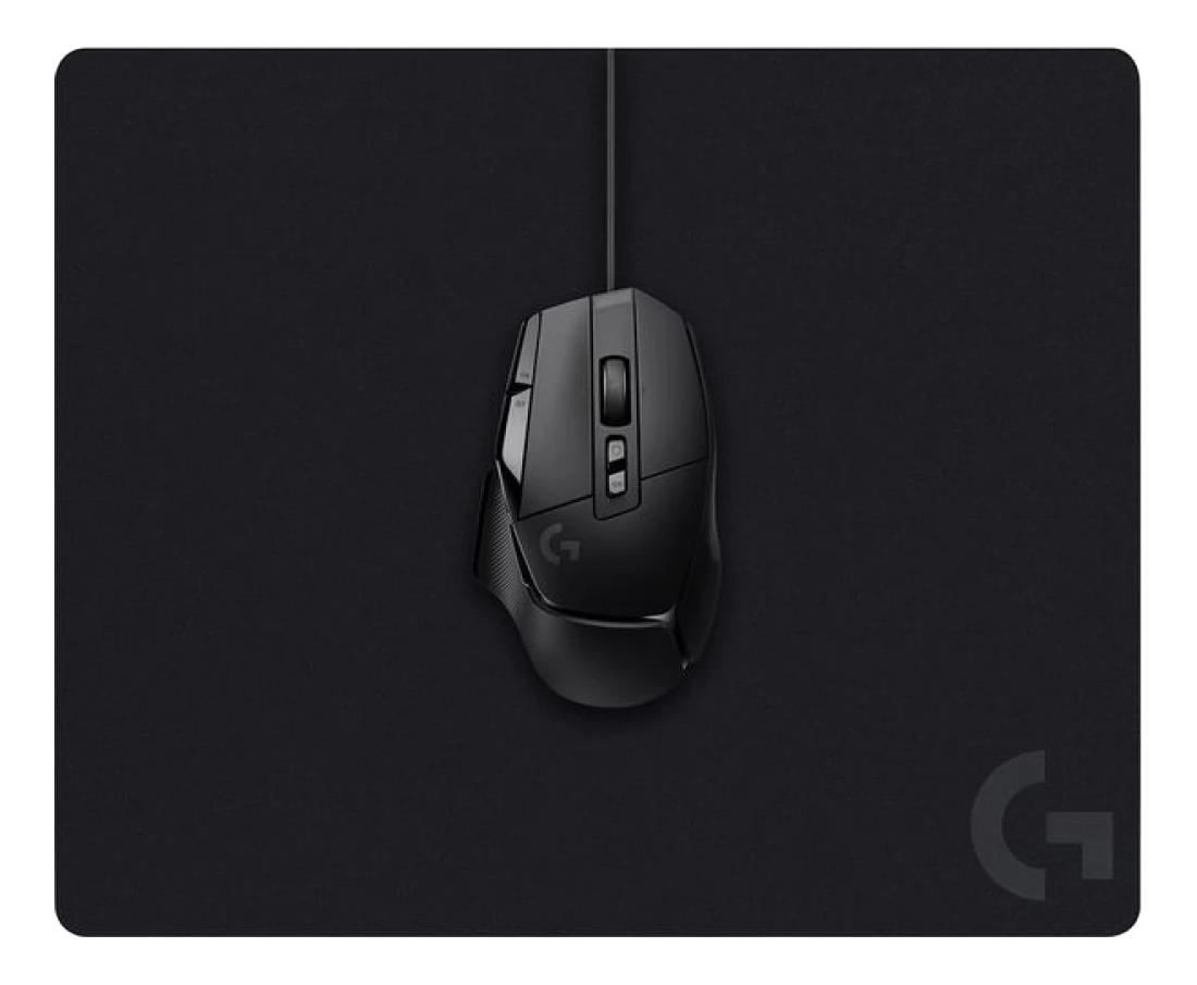 Schwarze Gaming-Maus auf schwarzem Mauspad, G-Logo.