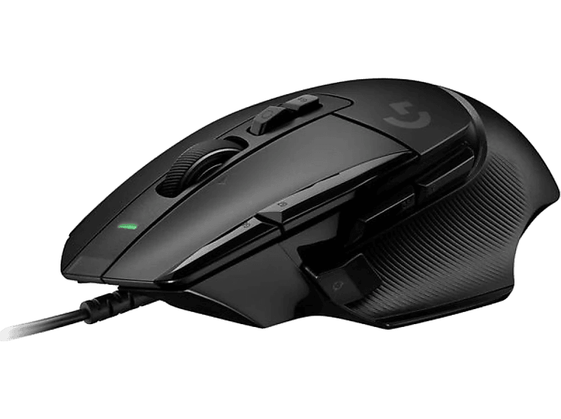 Schwarze Gaming-Maus. Sie hat ein Scrollrad, Seitentasten und ein Kabel. Das grüne Licht ist an.