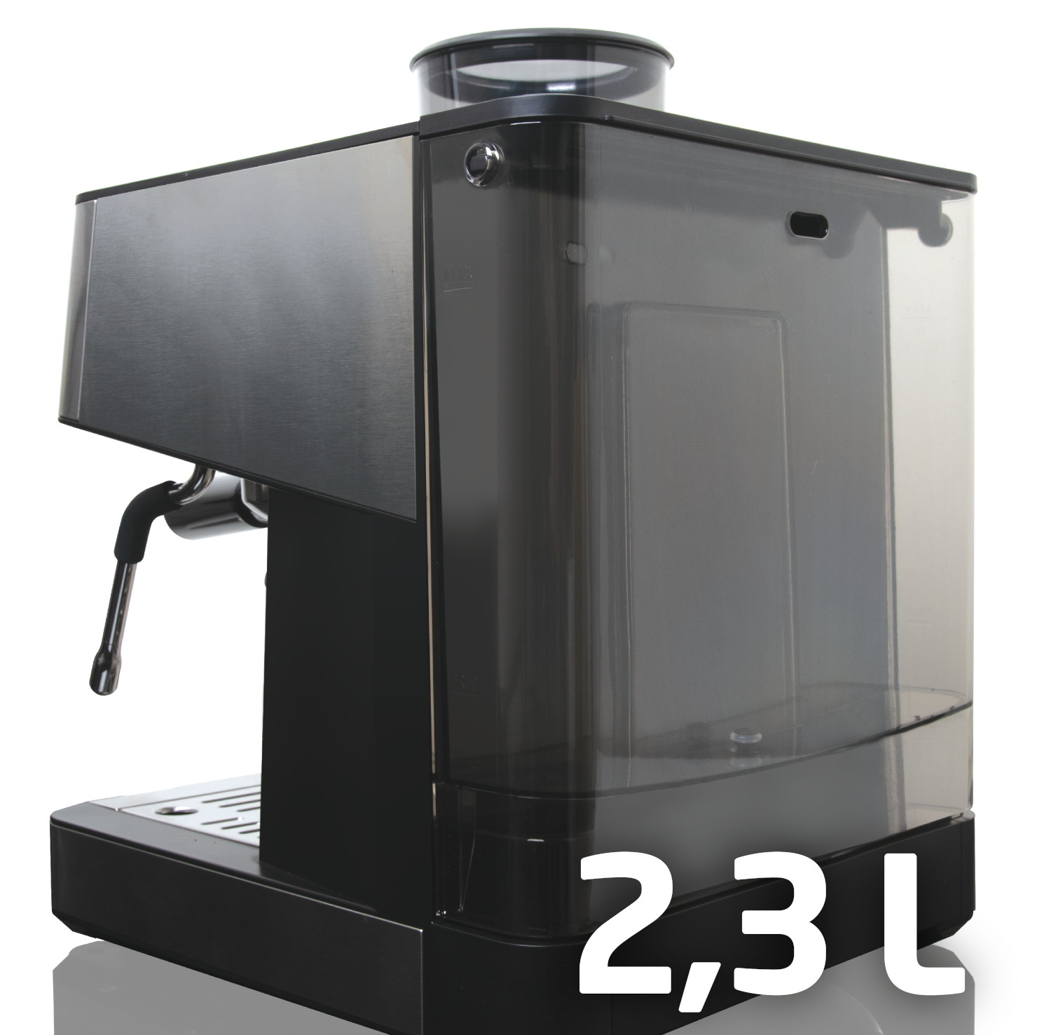 Egy fekete-ezüst eszpresszó gép víztartállyal. A szöveg 2,3 L fehér háttéren.