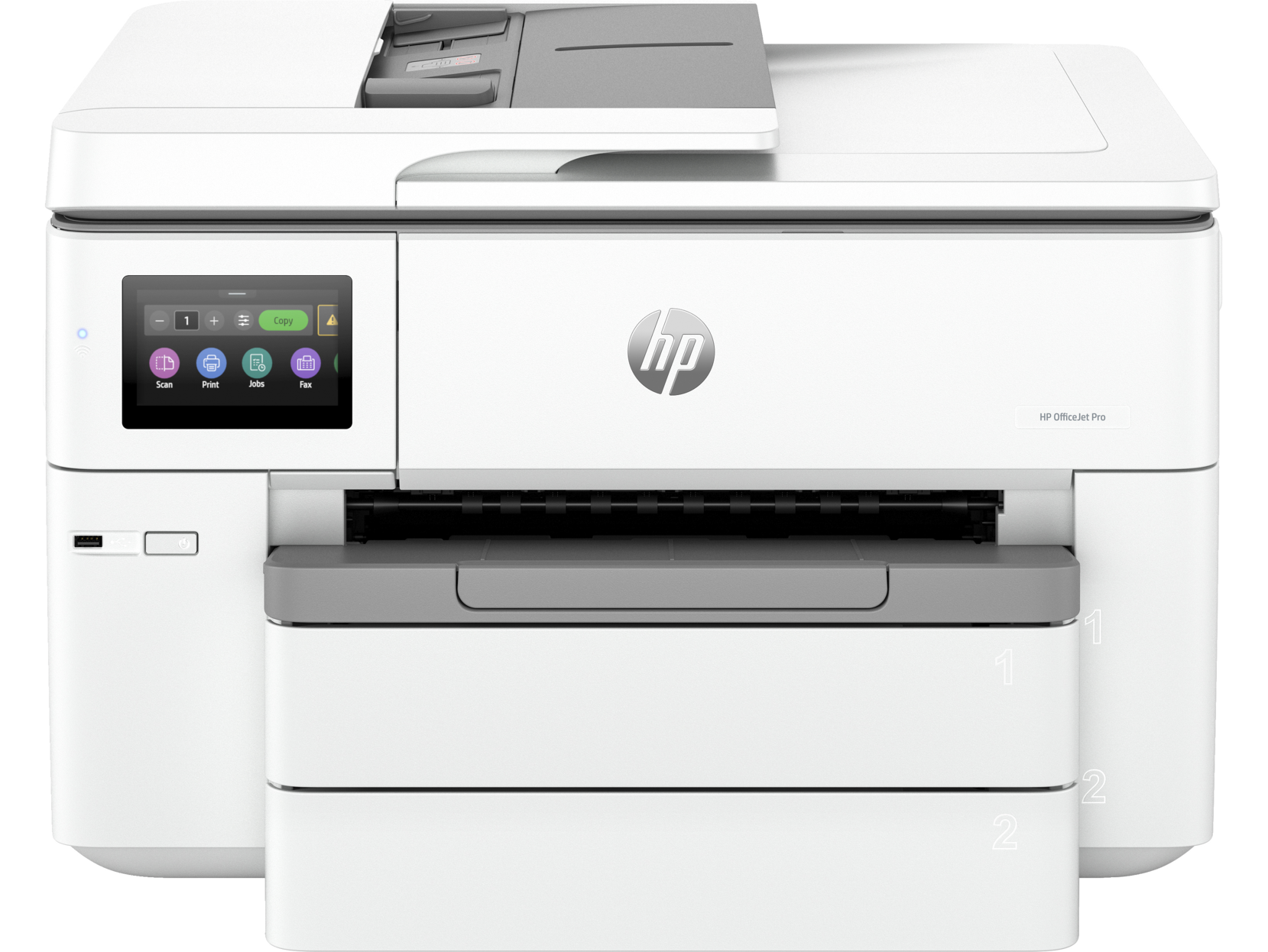 Una impresora de oficina blanca con pantalla y bandejas de papel. Logo HP.