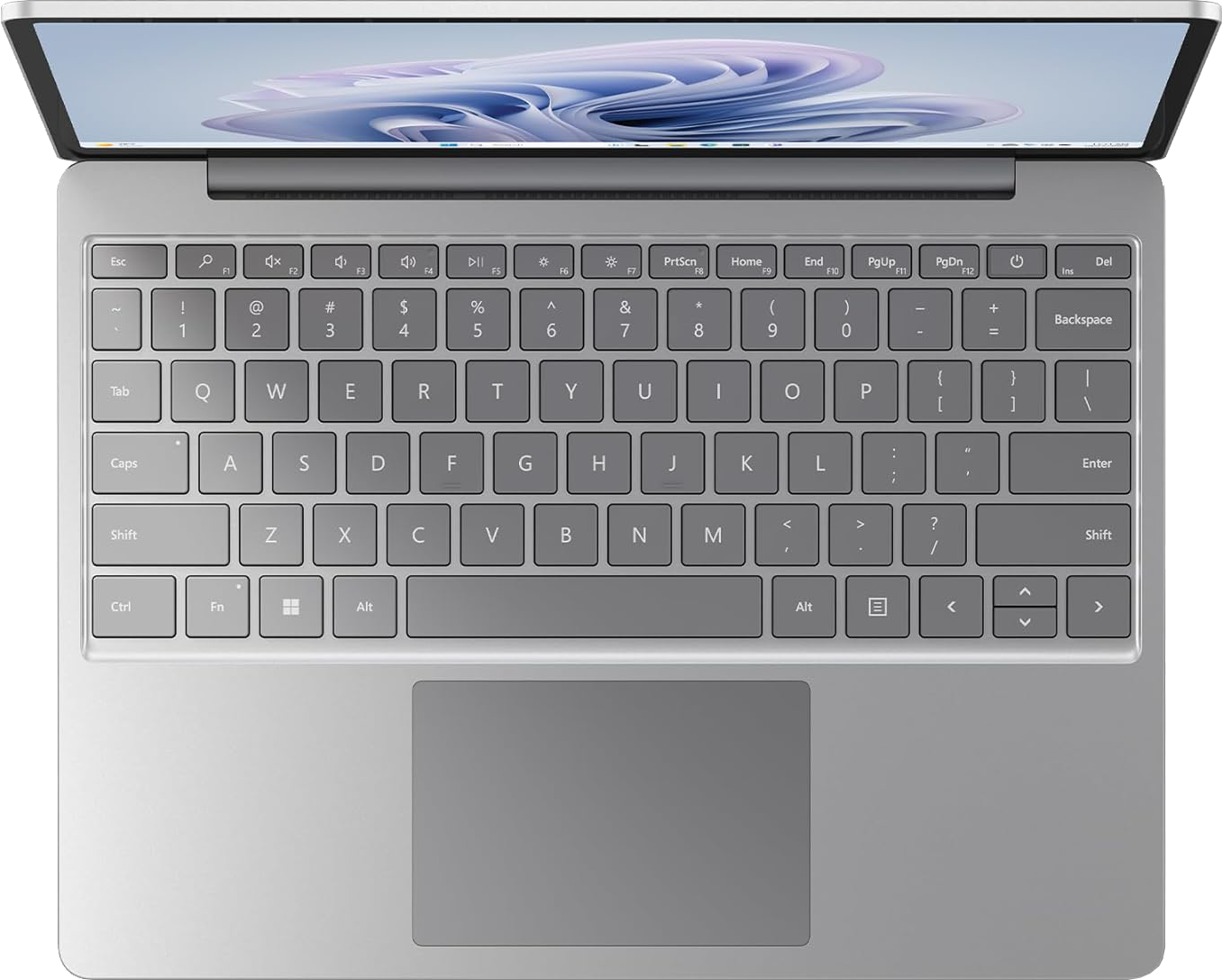 Laptop billentyűzet, felnyitott fedéllel, látható képernyővel. A háttér elmosódott.