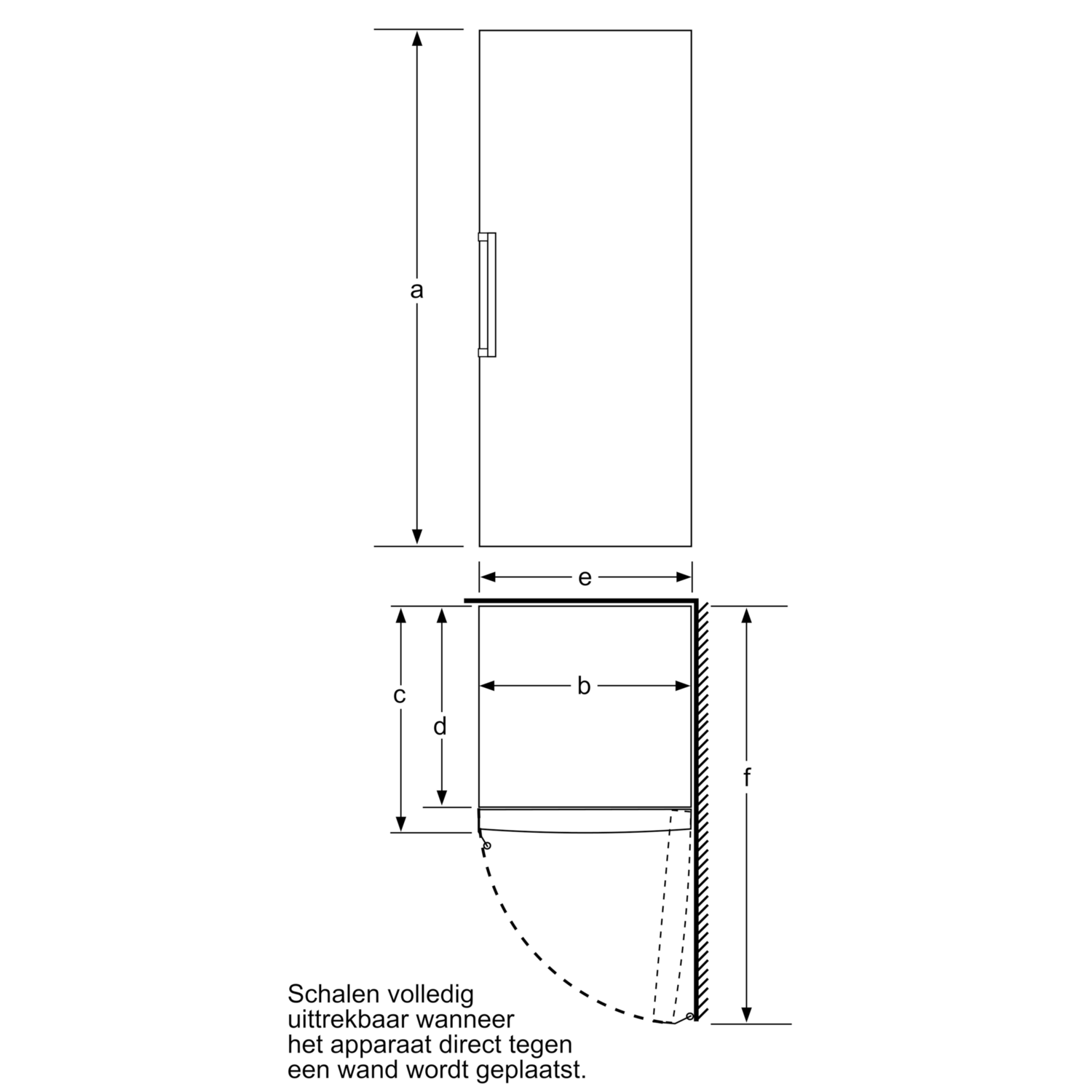 Technische tekening van een koelkast. Bovenste gedeelte heeft deur met handvat. Onderste gedeelte toont geopende deur.
