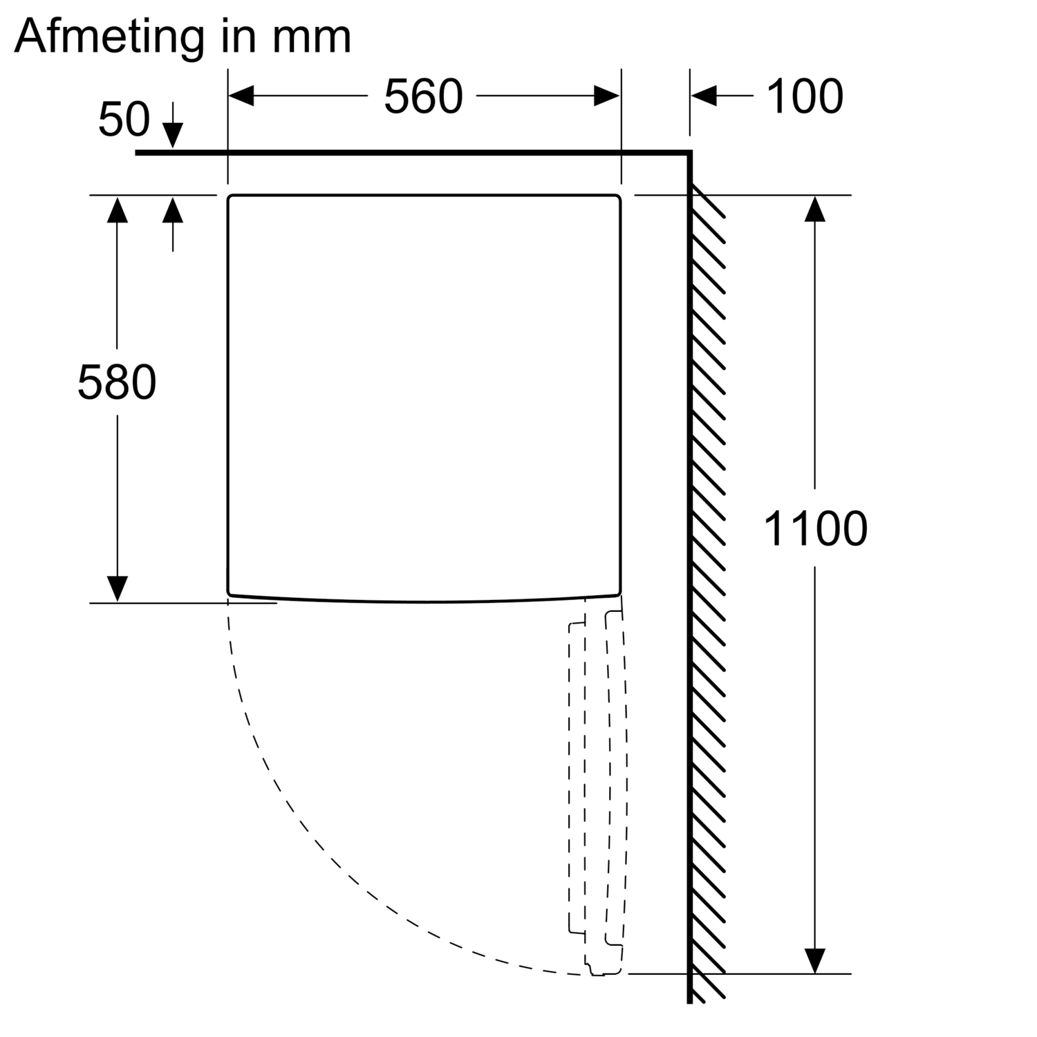 Diagram of a refrigerator with dimensions in mm. Shows the outline of the door and body.