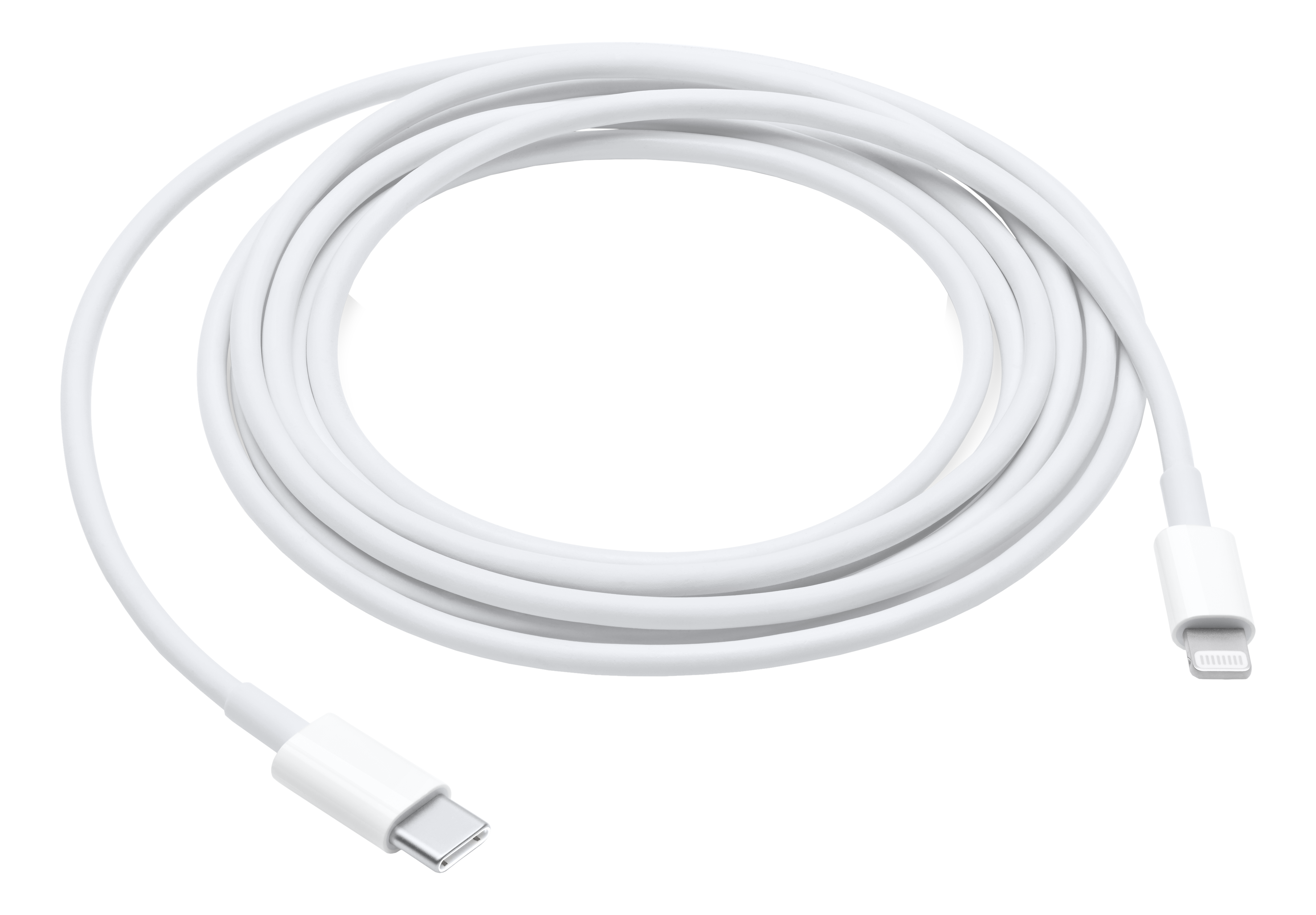 Un câble de chargement blanc avec un connecteur USB-C à une extrémité et un connecteur Lightning à l'autre, sur fond noir.