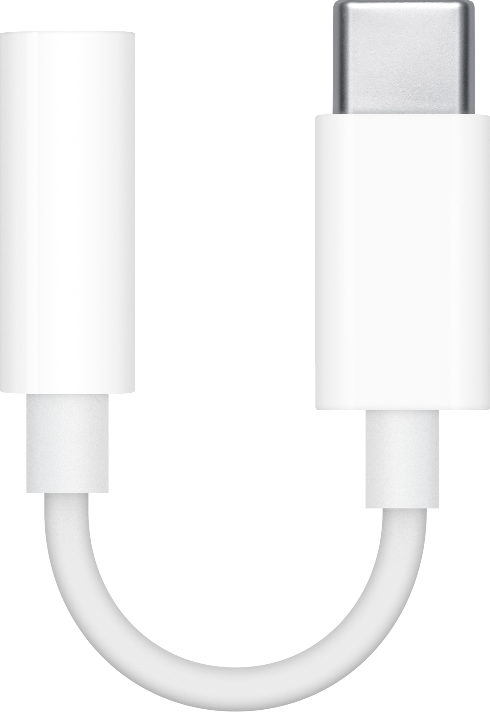 Un adattatore bianco da USB-C a jack per cuffie da 3,5 mm su sfondo nero.
