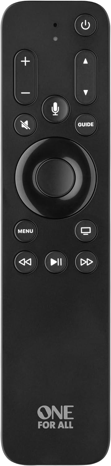 Une télécommande noire avec divers boutons, dont l'alimentation, le volume et un bouton microphone.