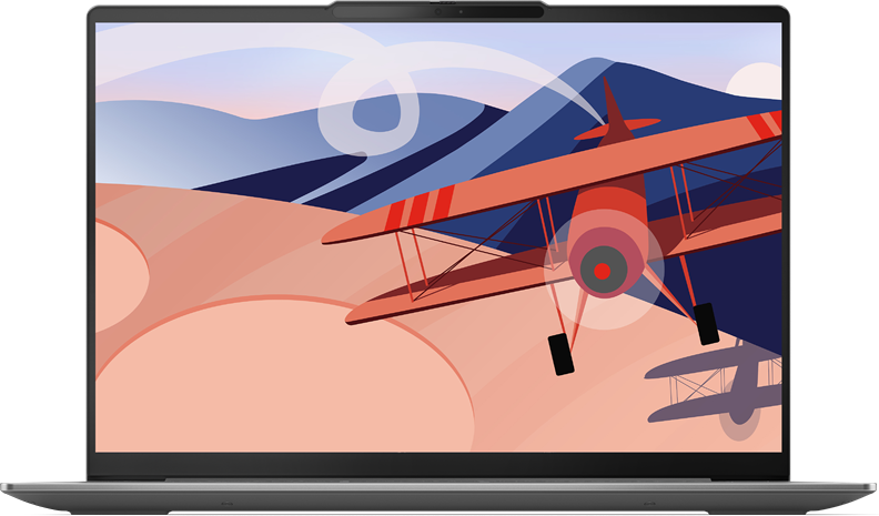 A laptop képernyője egy piros kétfedelű repülőgép illusztrációját mutatja egy sivatagi táj felett.