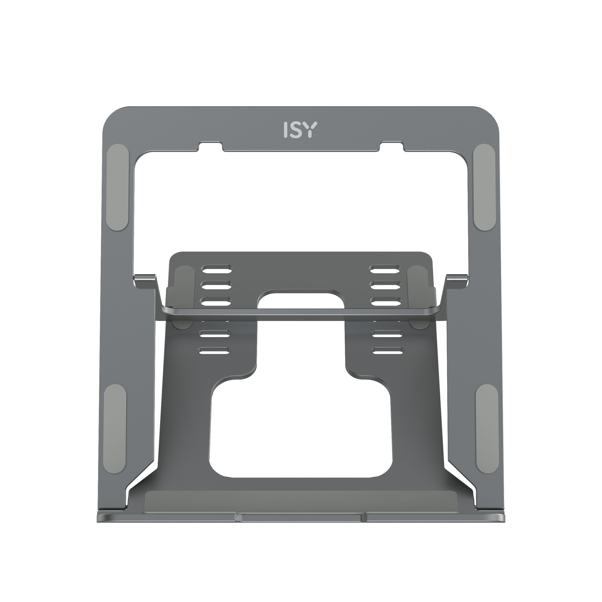 Ein grauer Laptop-Ständer mit ISY-Logo. Der Ständer ist leer.