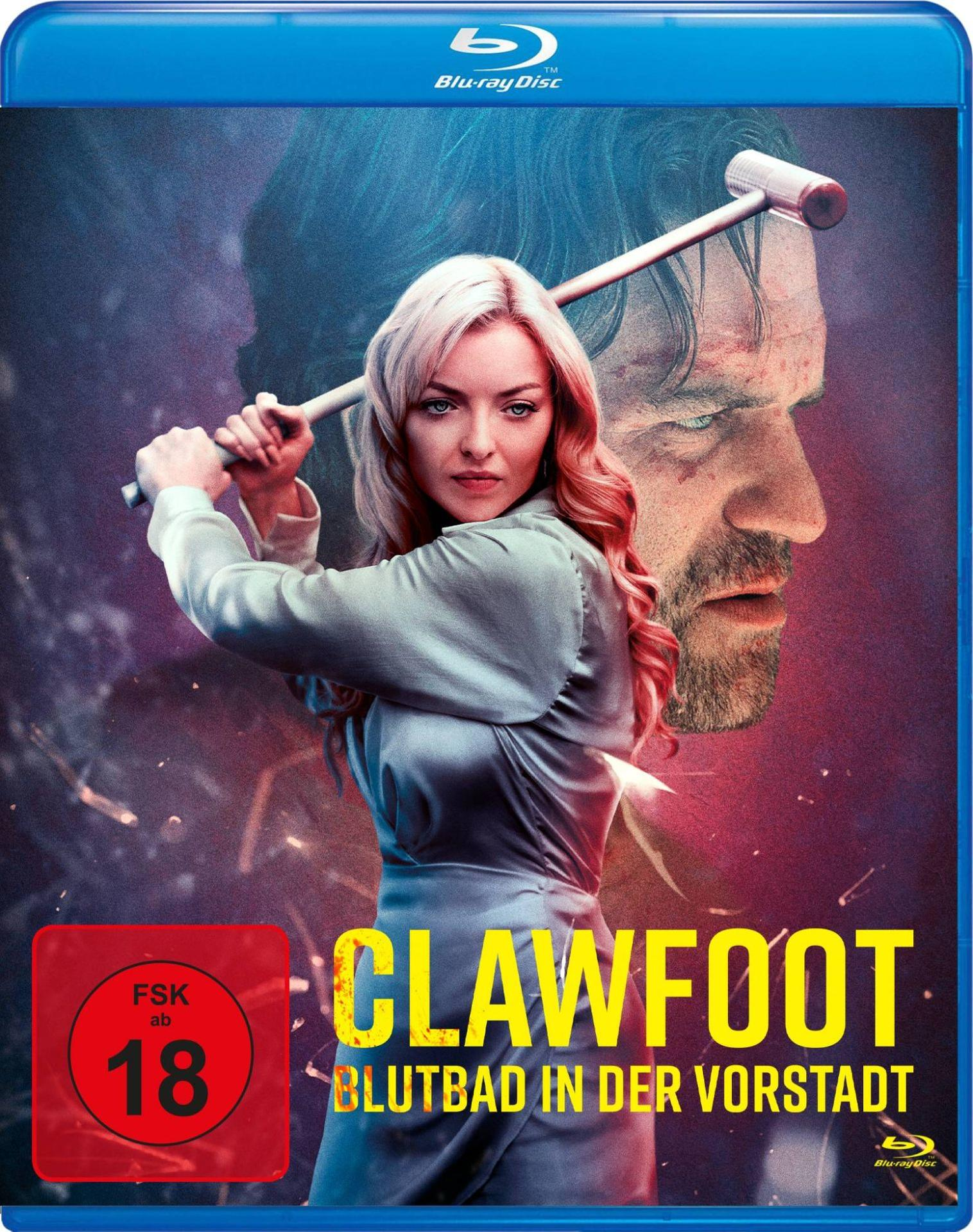 Blu-ray-Cover, Frau mit Hammer, Gesicht eines Mannes im Hintergrund. Text: 'Clawfoot'.