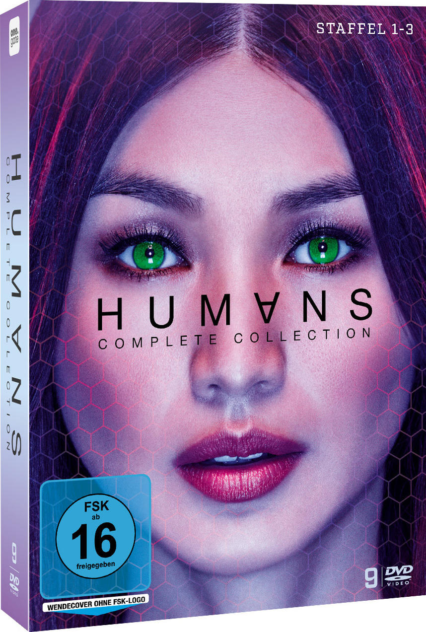 DVD-Box: 'Humans'-Serie, ein Frauen-Gesicht mit grünen Augen.