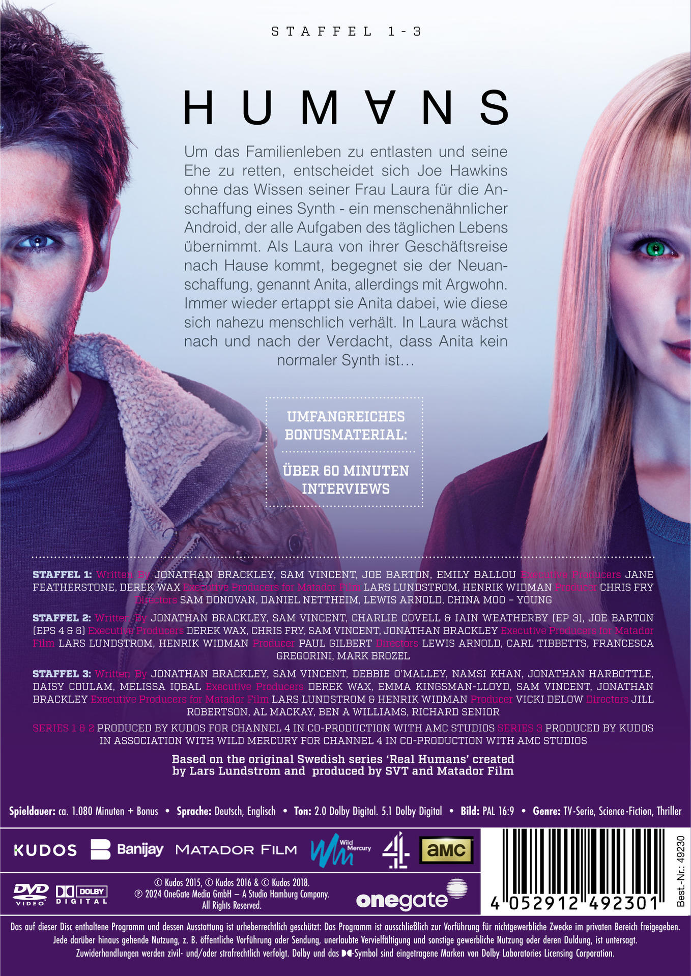 DVD-Cover von Humans Staffel 1-3. Personen sind auf der Vorder- und Rückseite.