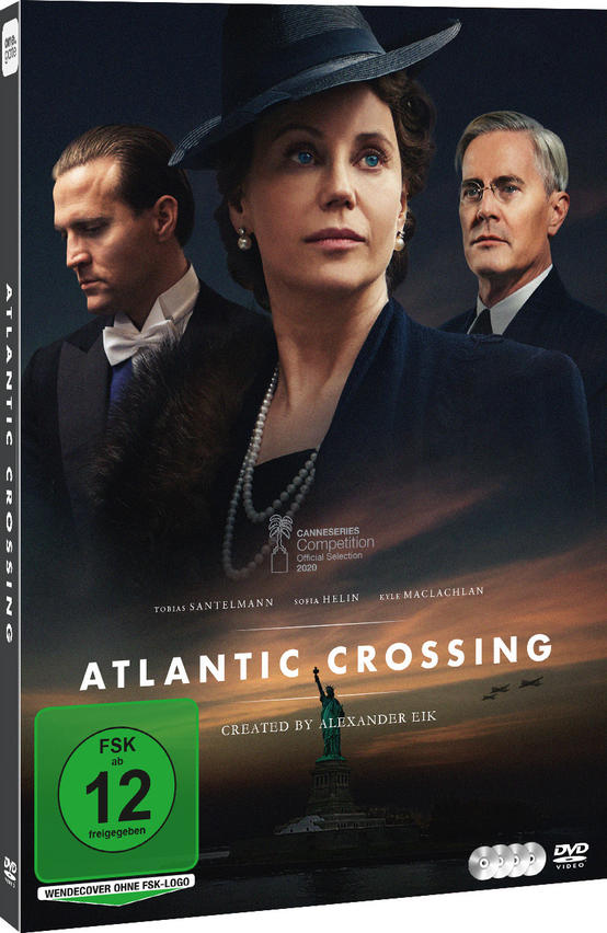 DVD-Hülle des Films Atlantic Crossing. Sie zeigt drei Personen und einen Blick auf die Freiheitsstatue. Text in Deutsch.