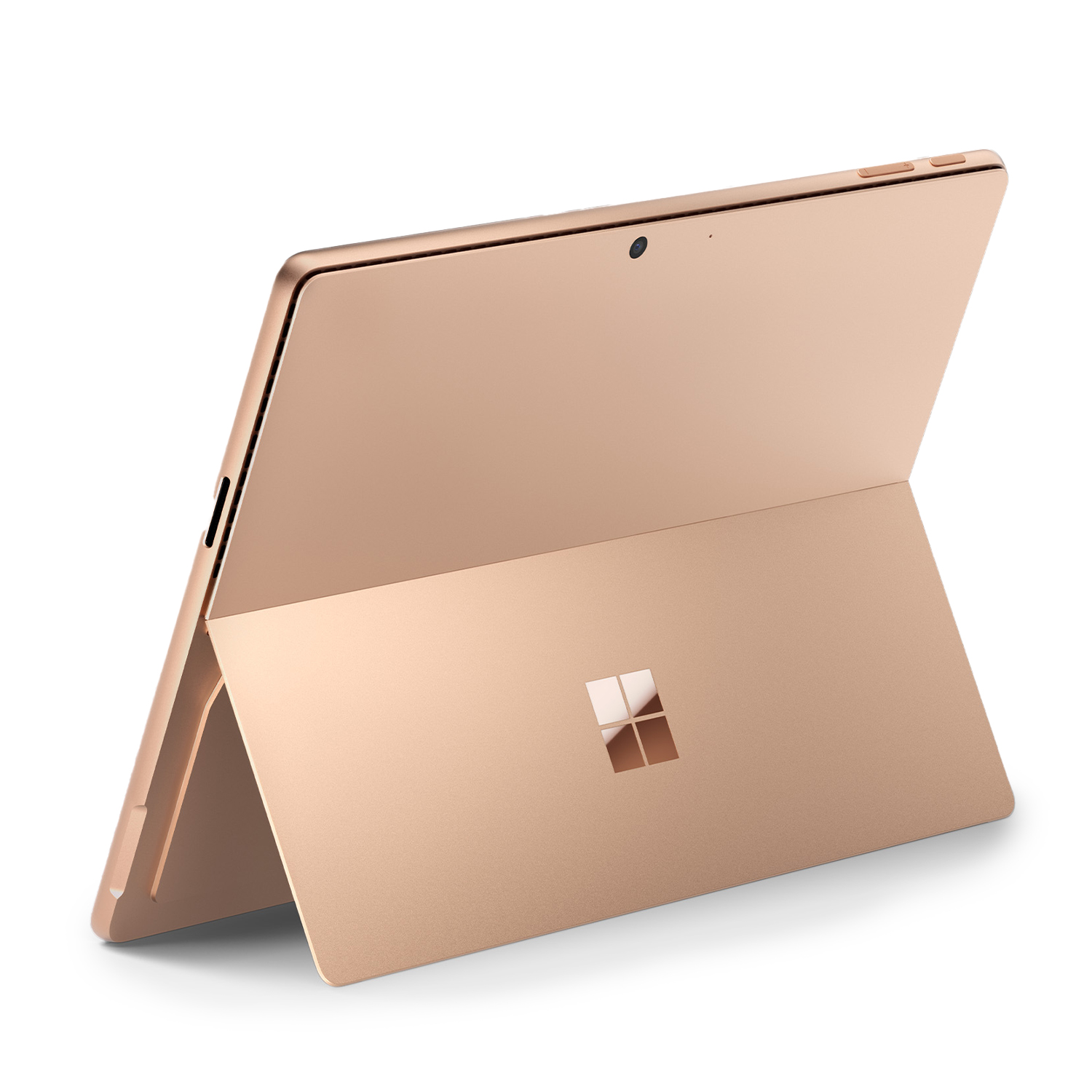 Tablet dorato con supporto, che mostra il retro e un logo Microsoft.