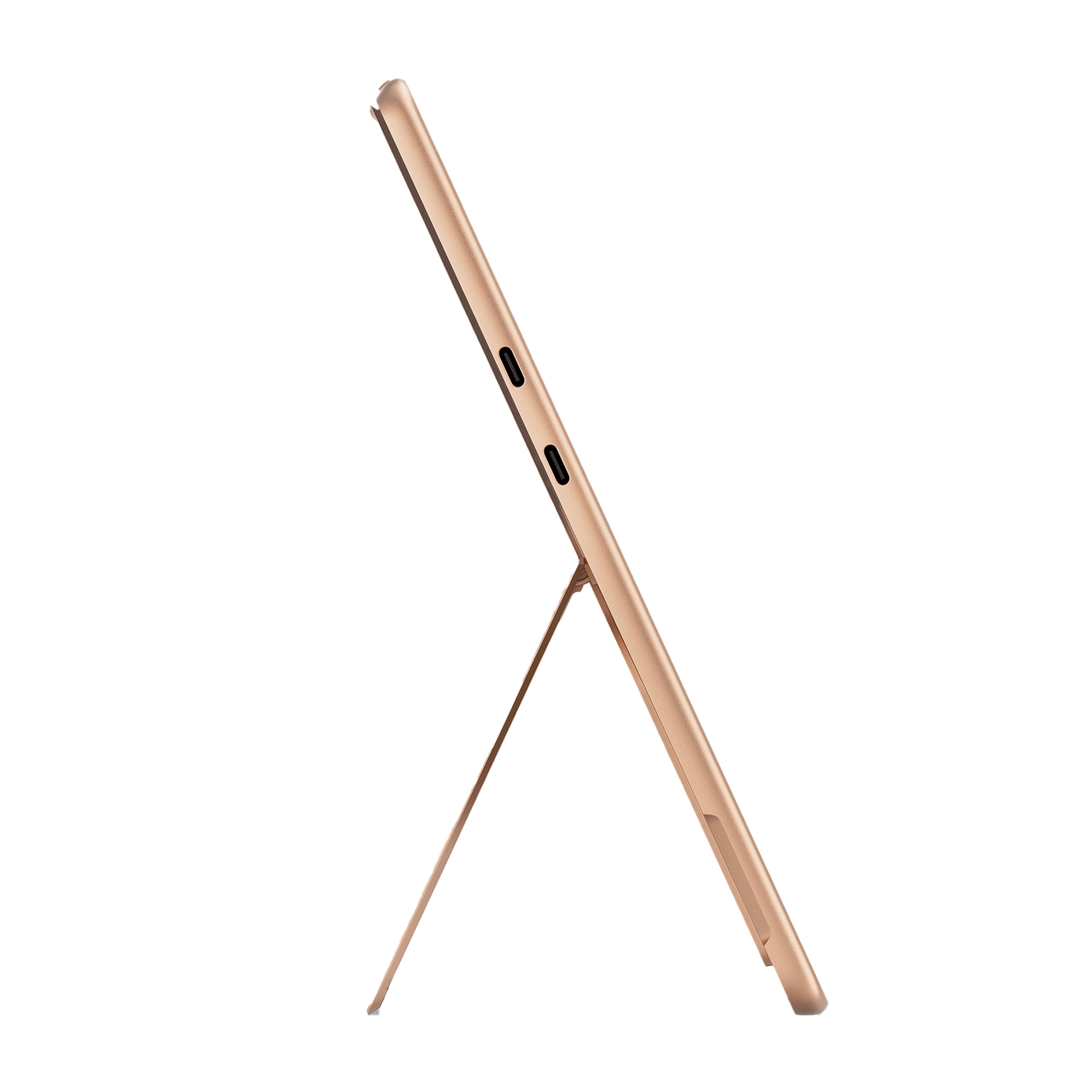 Un tablet dorato con supporto viene mostrato da una vista laterale.