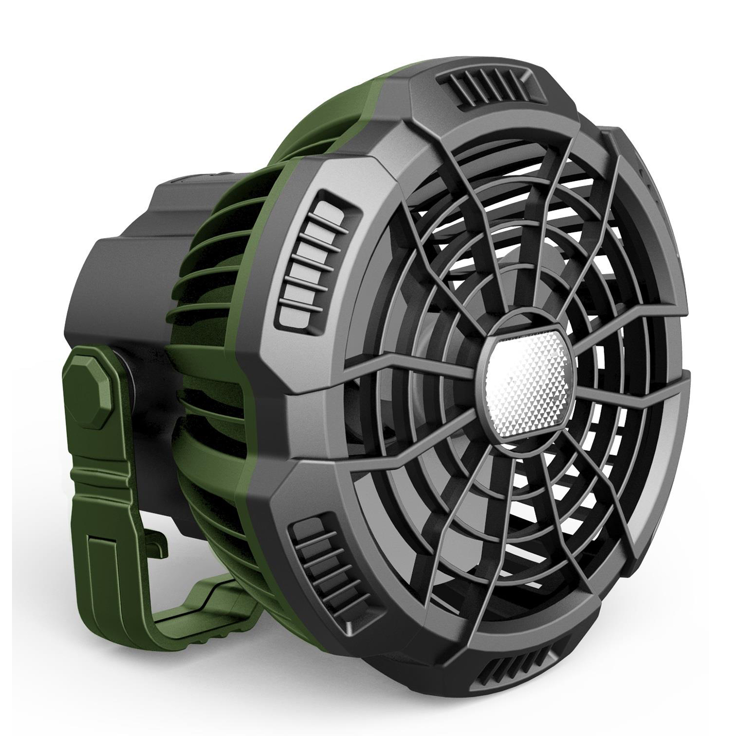 Ventilatore portatile verde e nero, angolato. Ha una clip per il fissaggio.