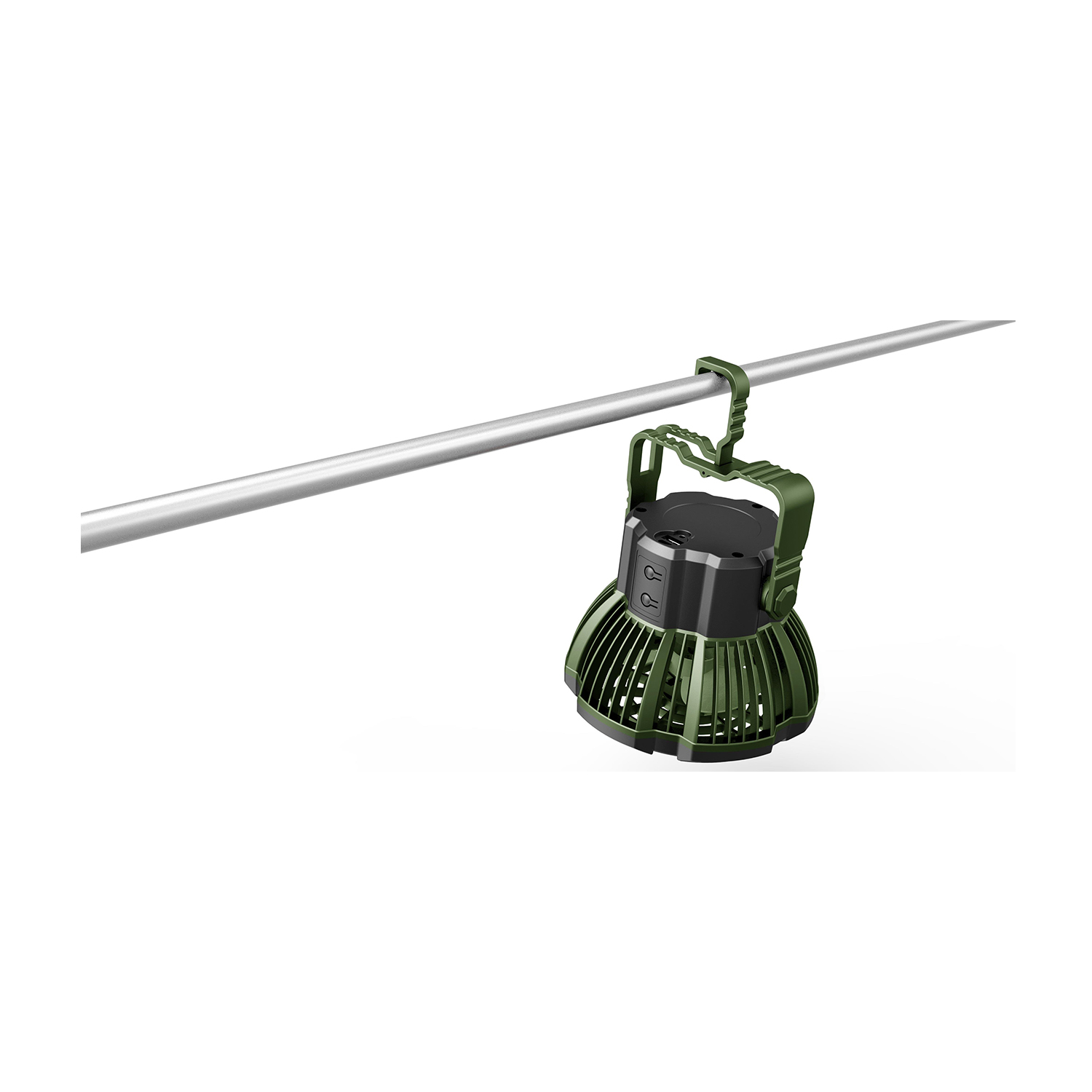 Un ventilatore portatile verde appeso a una barra di metallo.