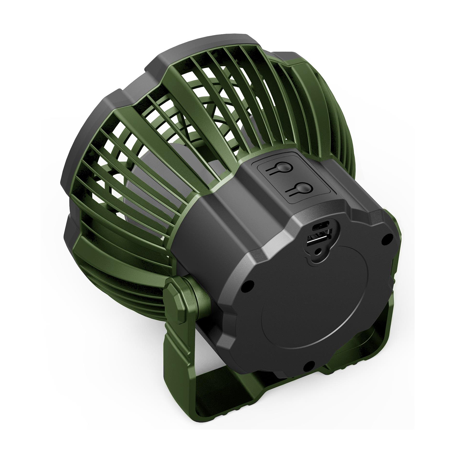 Ventilatore portatile, verde e nero, angolato, su sfondo bianco.