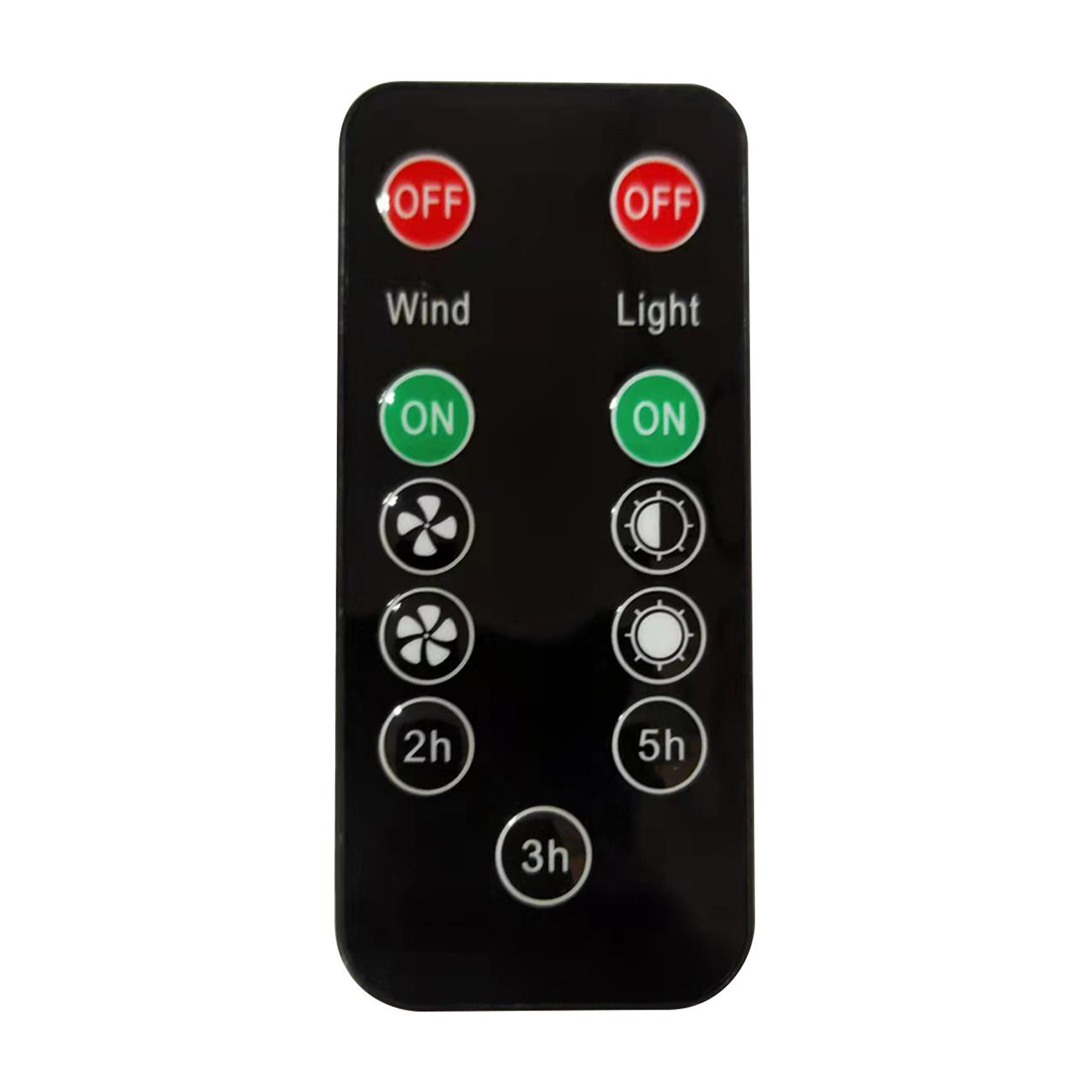 Telecomando nero con pulsanti per vento e luce, con controlli on/off e timer.