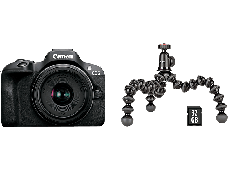Canon EOS R100 + Objetivo RF-S 18-45mm SD 32GB Trípode Gorill, 24.1 megapíxel, 7.5 cm, Wi-Fi, Negro