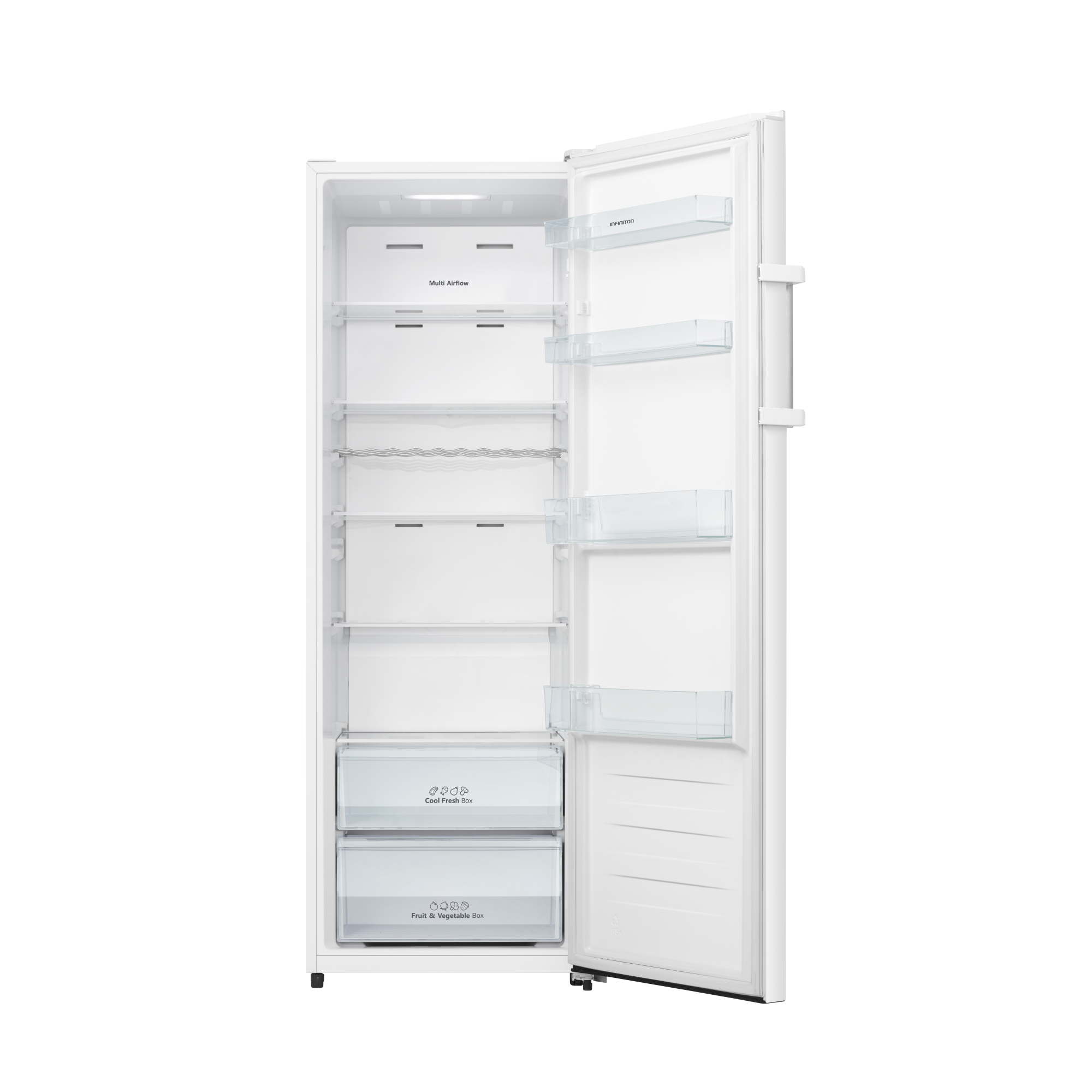Interior de refrigerador blanco abierto con estantes, cajones y estantes de vidrio.