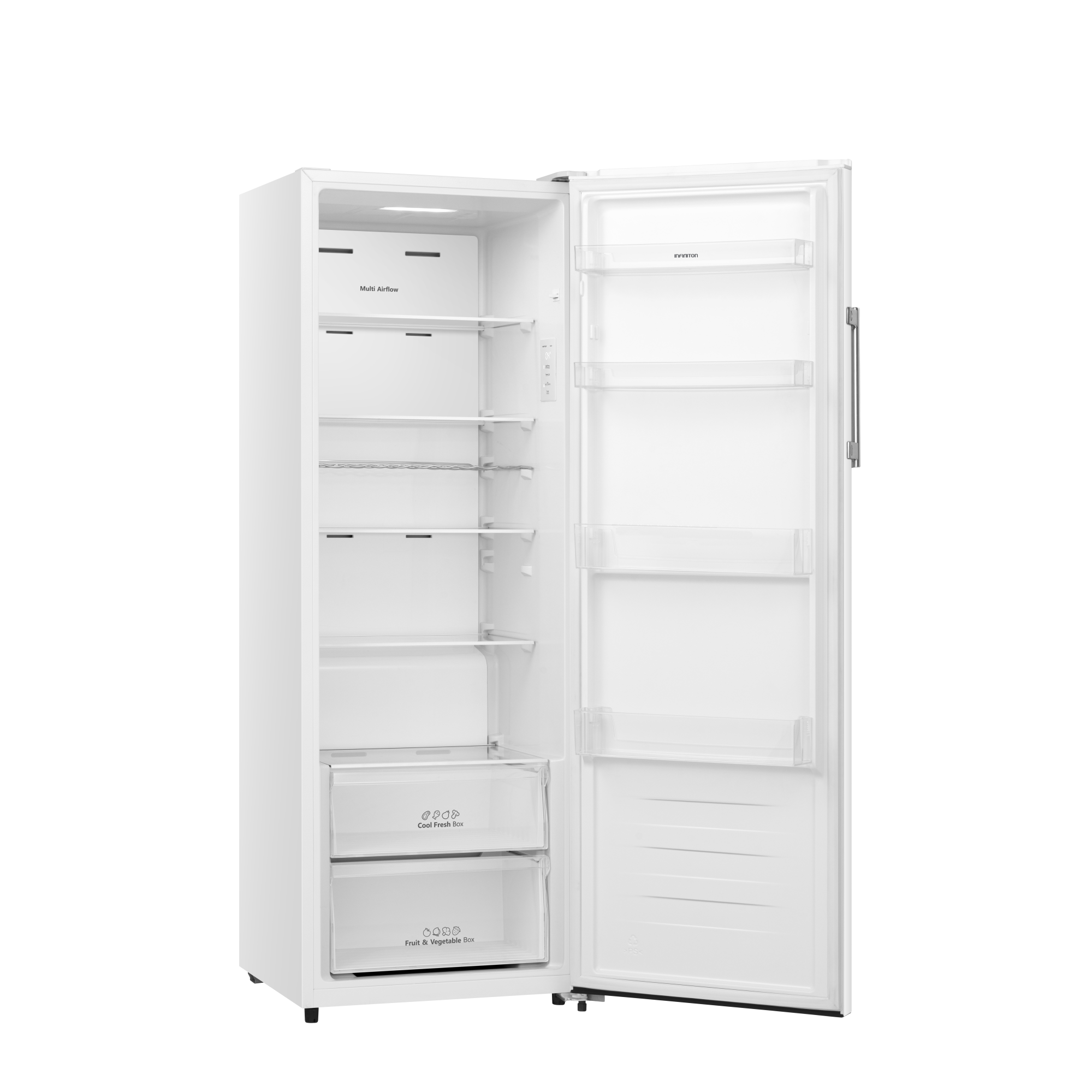 Refrigerador blanco con la puerta abierta. En el interior, se ven estantes, cajones y compartimentos.